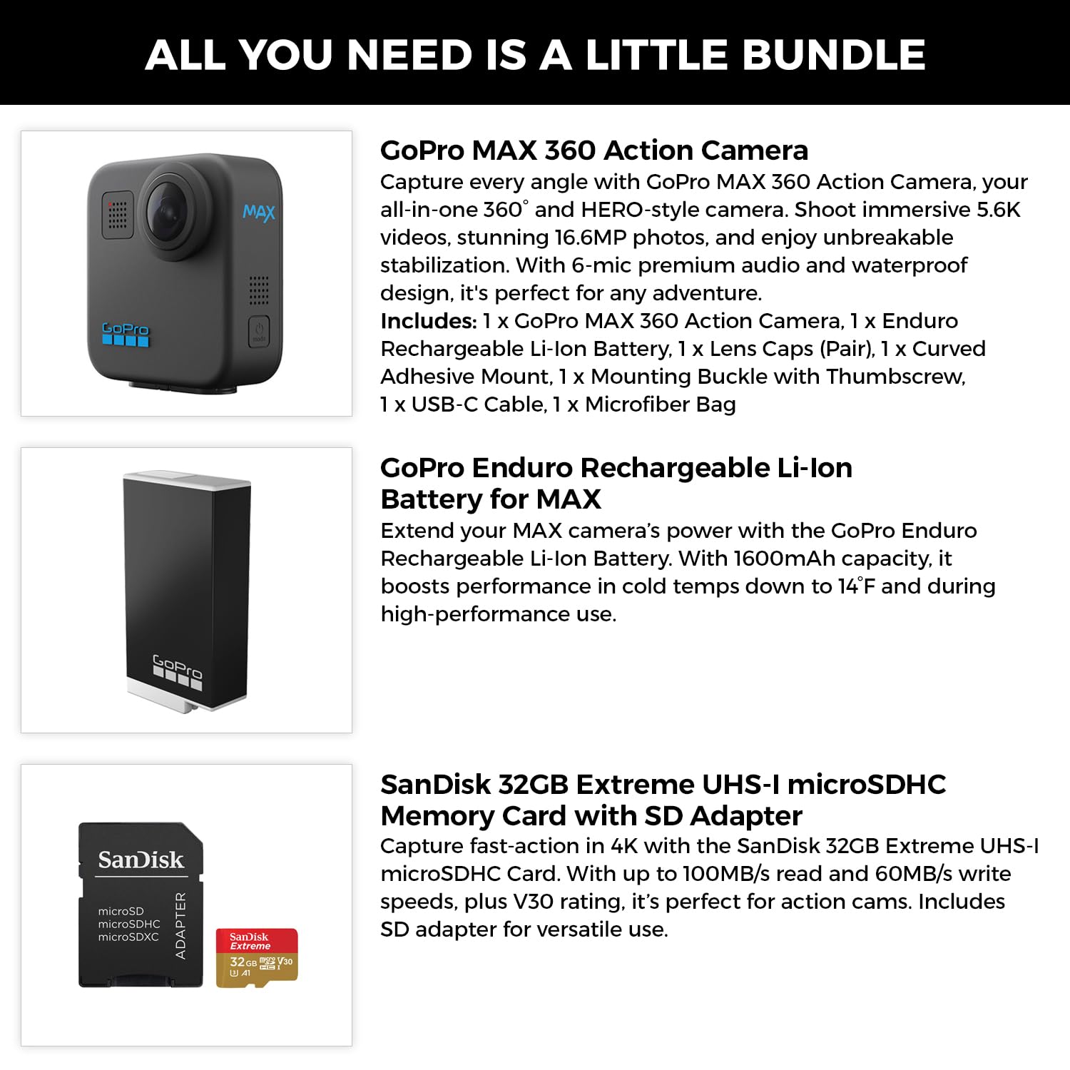 GoPro MAX 360 Action Camera with 5.6K30 Video Recording, Max HyperSmooth Stabilization & PowerPano with Extra Enduro Rechargeable Li-Ion Battery & 32GB Extreme UHS-I microSDHC Memory Card Bundle Kit