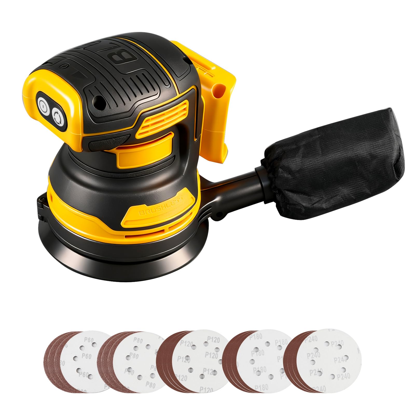 Lijadora excéntrica inalámbrica compatible con Dewalt 18 V 20 V Baterías, 125 mm 11000 rpm sin escobillas, lijadora orbital aleatoria inalámbrica con 20 hojas de papel abrasivo incluidas