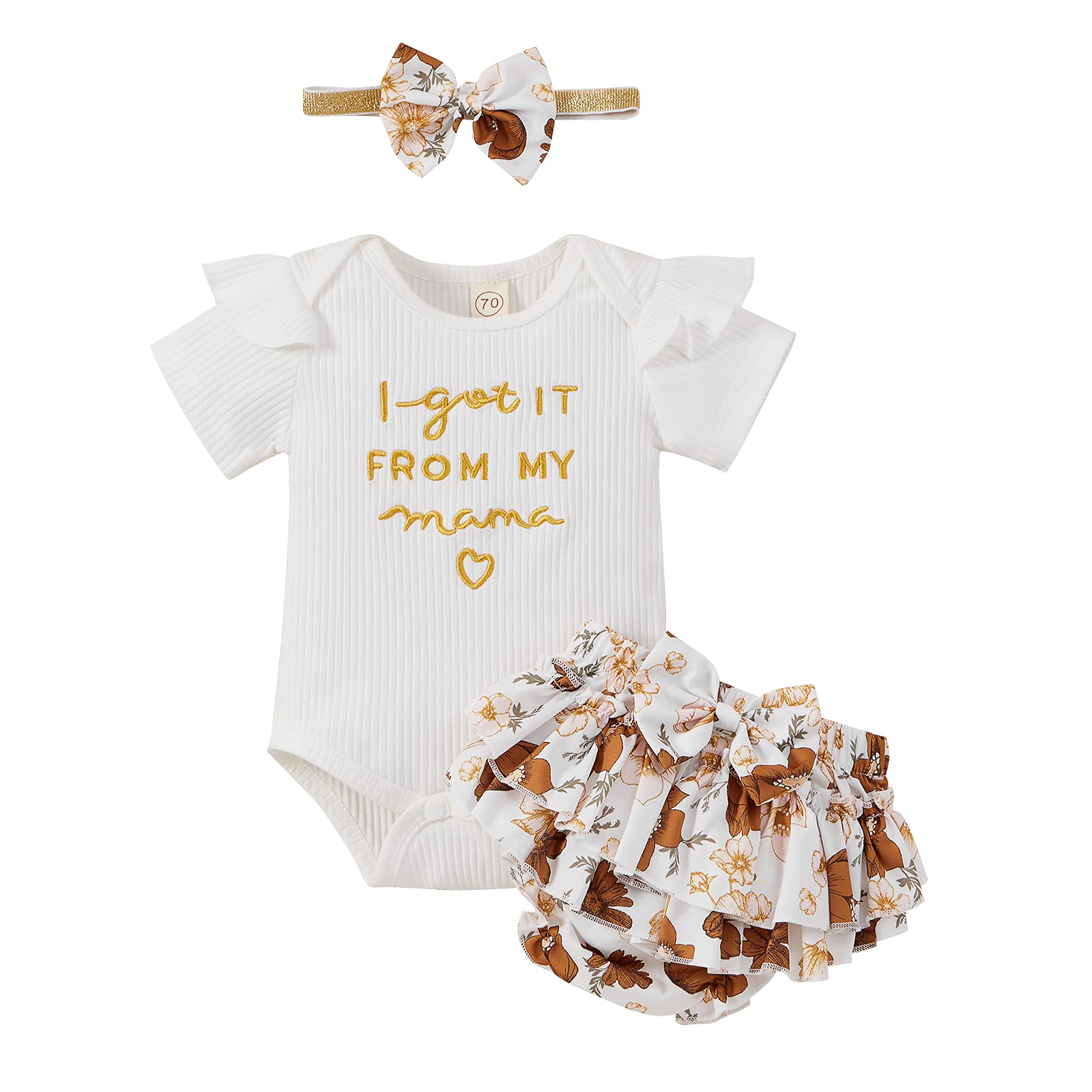 Newborn Baby Girl Summer Clothes Short Sleeve Ribbed Romper Ruffle Floral Shorts Headband 3Pcs Outfit Set (White,6-12 Months)