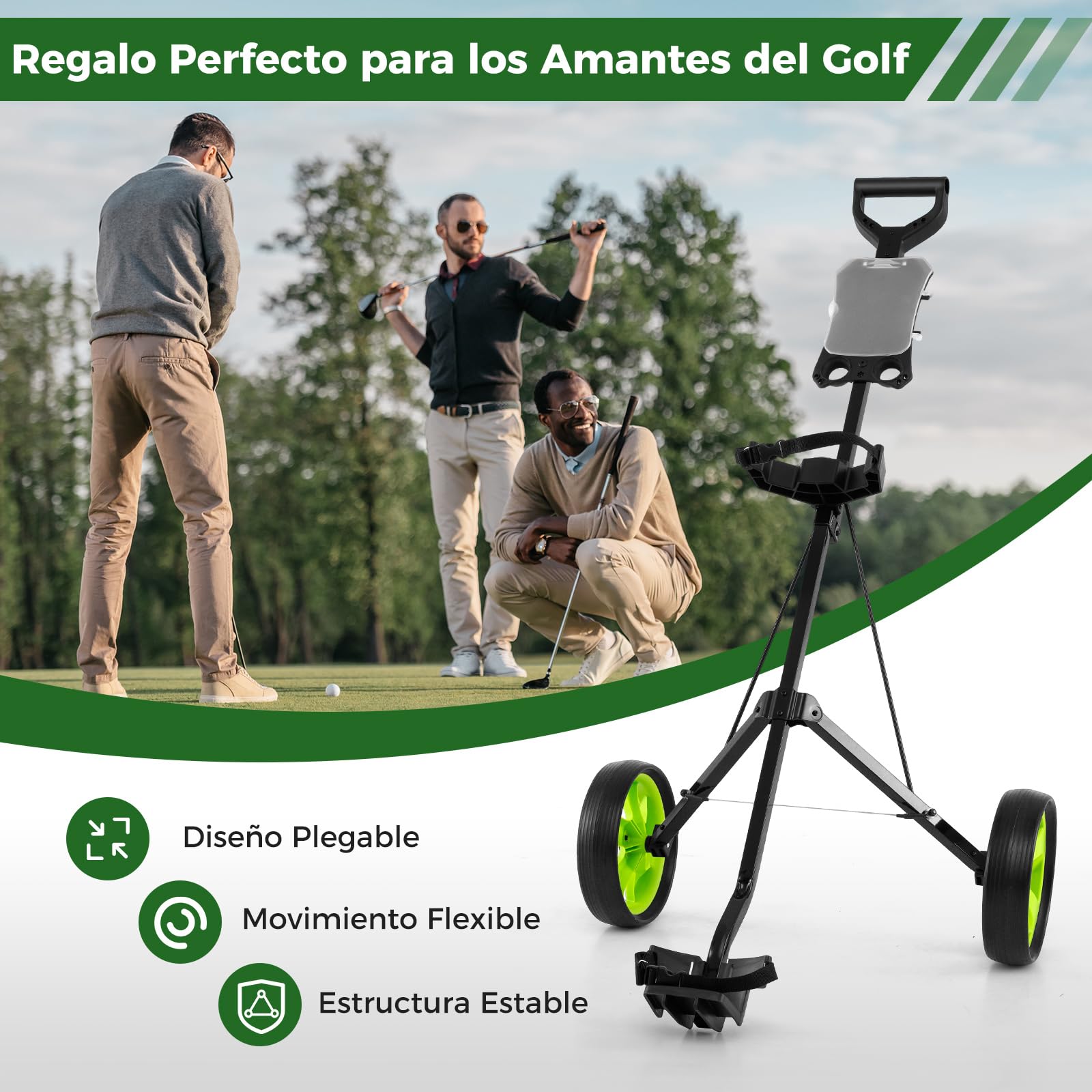 GYMAX Carrito de Golf Plegable 2 Ruedas con Correa Ajustable