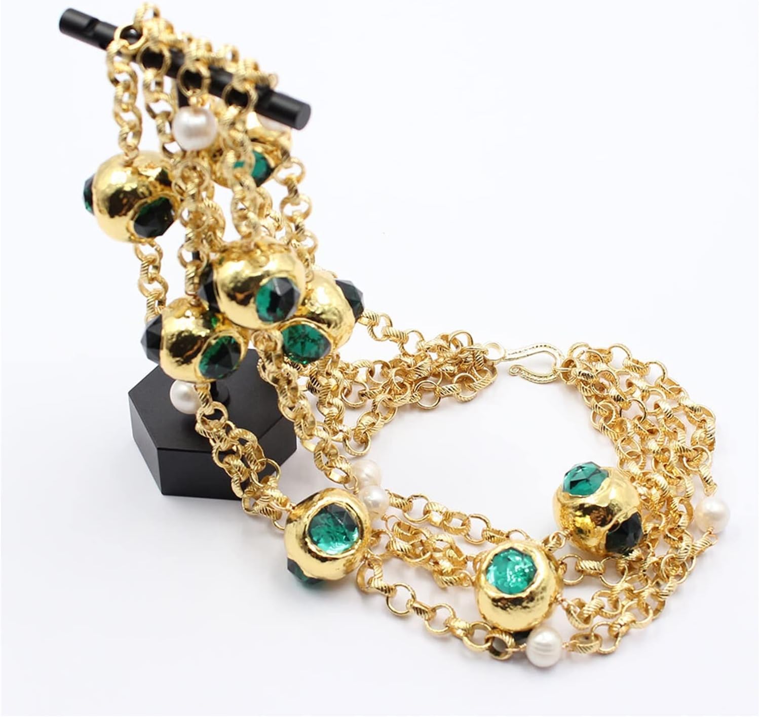 LAnGSHAW 4 Strands Natural White Pearl Green Crystal Beads Chain Necklace Handmade for Women