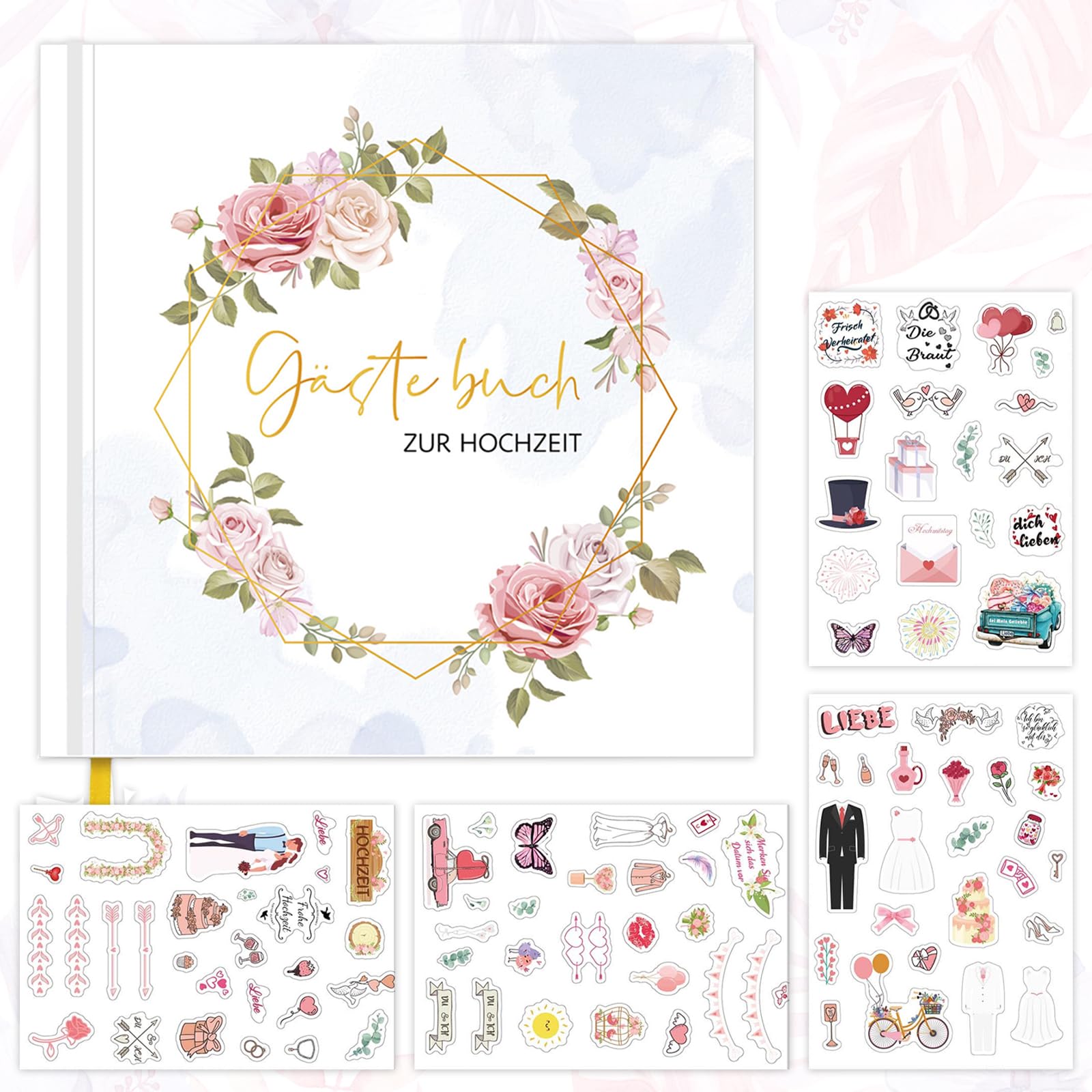 Mocrop Gästebuch Hochzeit Blanko Seite mit Wedding Sticker, 120 Seiten Hochzeit Gästebuch, Edle Gold Prägung, Hochzeitsgeschenk, Hochzeitsalbum für Erinnerungen 21x21cm