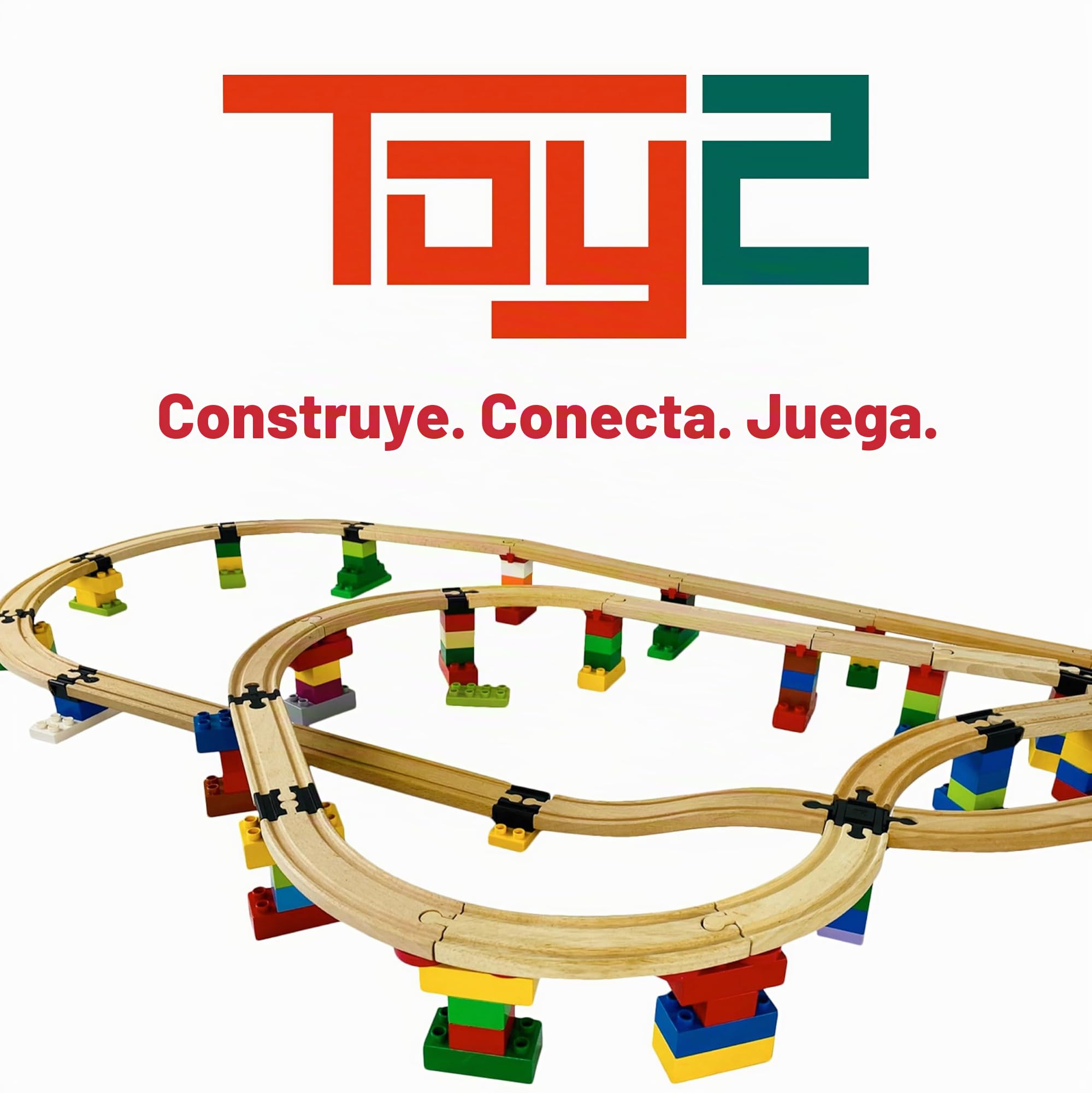 TOY2 Allround - Juego de 41 Conectores de Pista de Tren para Juguetes compatibles con Brio & Duplo | Kit con 6 Conectores Diferentes | Juego de Conectores de riel de Madera sostenible