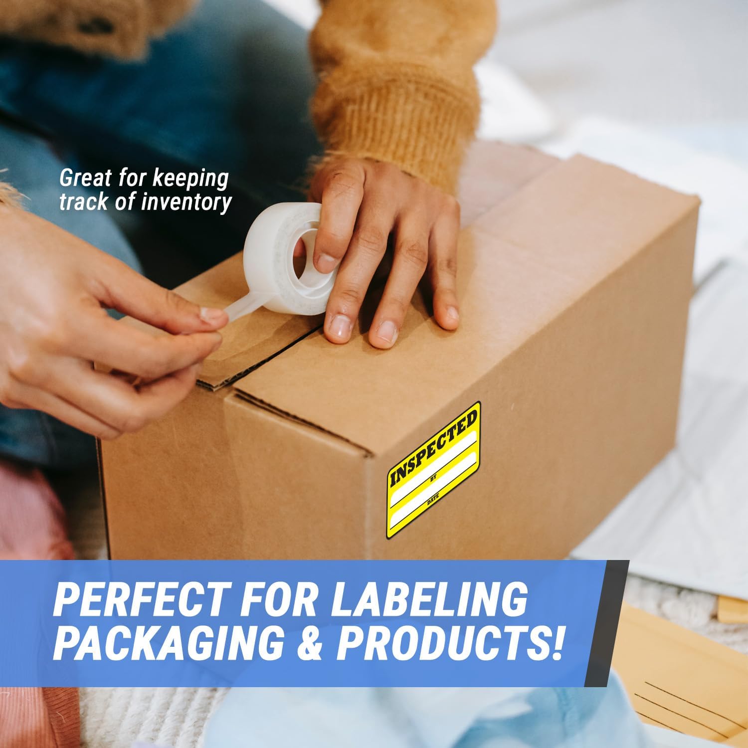 Inspection Stickers (3 x 1.5 inch, Rectangular, Yellow - 1200 Labels) Inspection Stickers with Writable Space By & Date for Inventory, Quality Control, Warehouse, Shipping & Handling - Strong Adhesive