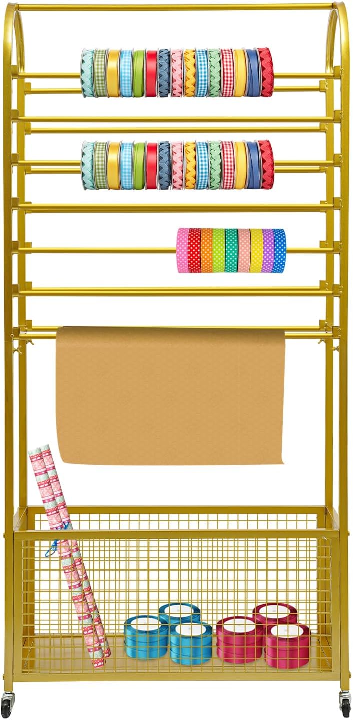 15 Tier Ribbon Holder Organizer Rack Ribbon Display Stand with Lockable Wheels, Multifunctional Ribbon Storage Flower Gift Wrap Organizer for Flower Shop, Craft Room (Gold)