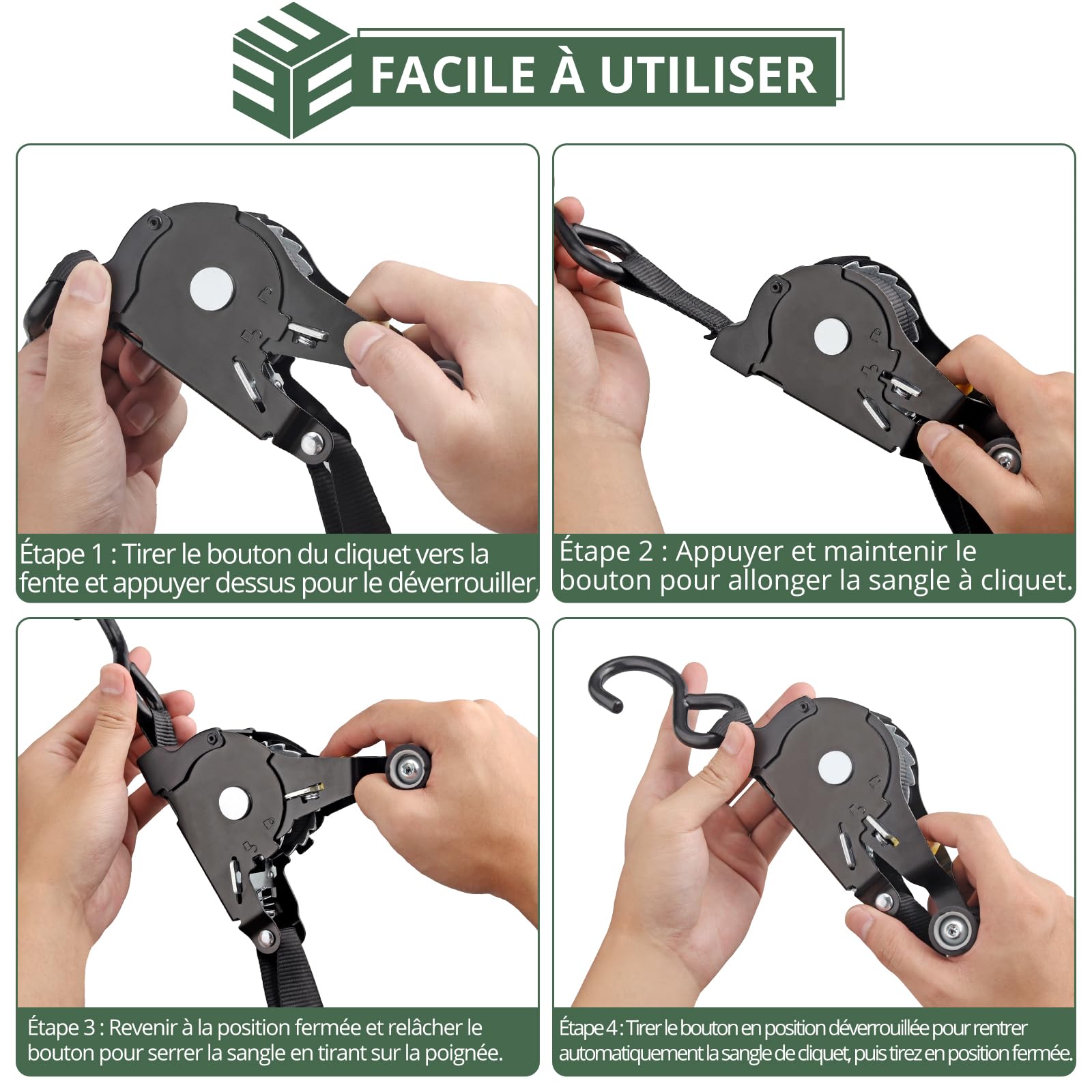 EYPINS 4 Pièces Sangle à Cliquet Auto-Rétractable avec Poignée 25mm x 3.3m,Capacité de Charge Directe 340kg,en U 680kg-Pour Remorque,Moto,Voiture Résistance aux UV et Usure Conforme en 12195-2