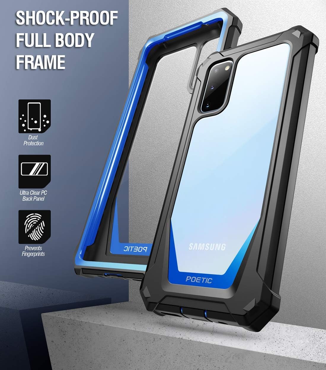 Poetic Guardian Series Case Designed for Samsung Galaxy S20 Case, Full-Body Hybrid Shockproof Bumper Cover, Without Built-in-Screen Protector, Blue/Clear