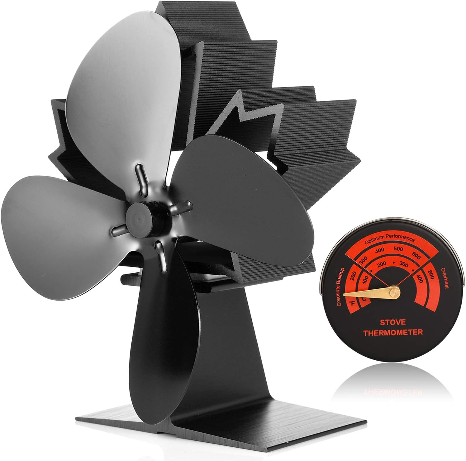 CWLAKON Wood Stove Fan-Silent Operation 4 Blades with Stove Thermometer for Wood/Log Burner/Fireplace,Eco Friendly and Efficient Heat Distribution (2020 New Designed)