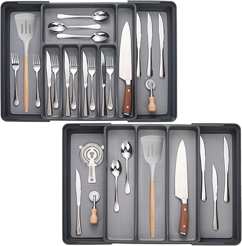 CiWiVOKi Organizador de cajones de cubiertos, bandeja expandible para cubiertos, soporte de cubiertos de plástico para utensilios de cocina y
