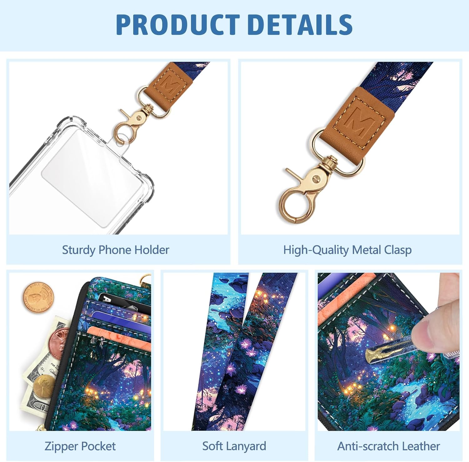 Forest Firefly Lanyard Wallet with ID Badge Holder, Floral Small RFID Wallet Women Keychain Wristlet, Slim Credit Card Holder with Zipper Pocket Phone Lanyard Wrist Strap Name Tag Office Teacher Gift - Image 5