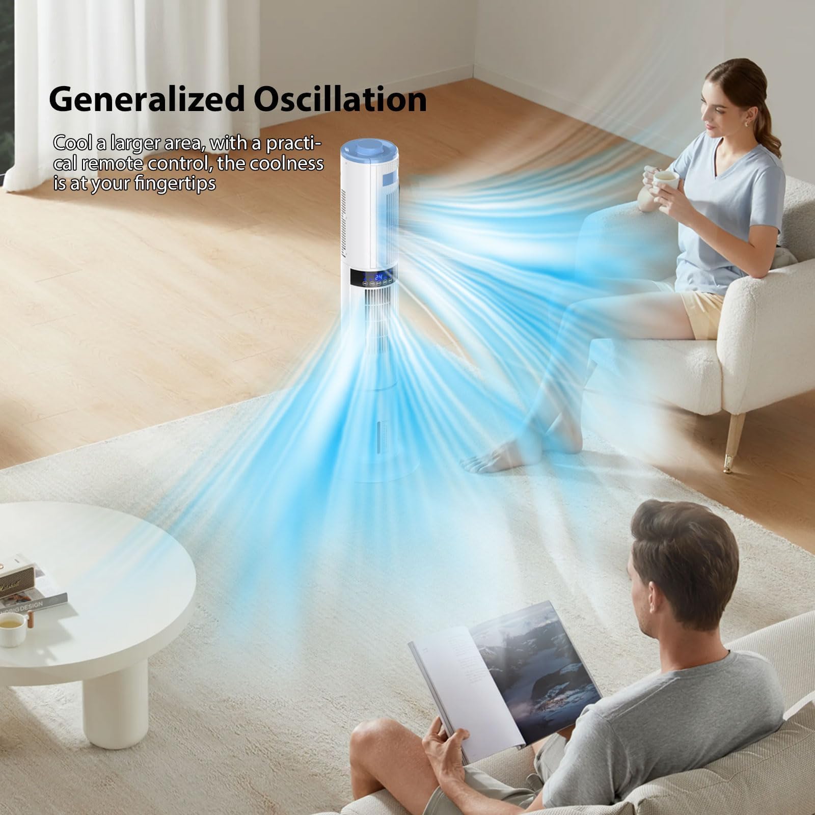 Climatiseur Mobile Silencieux Portable Rafraîchisseur d'air 360° Oscillation, Sortie d'air Double, 24H Minuteries, 65W, 4 Modes et 3 Vitesses avec Télécommande pour Chambre, Bureau, Cuisine