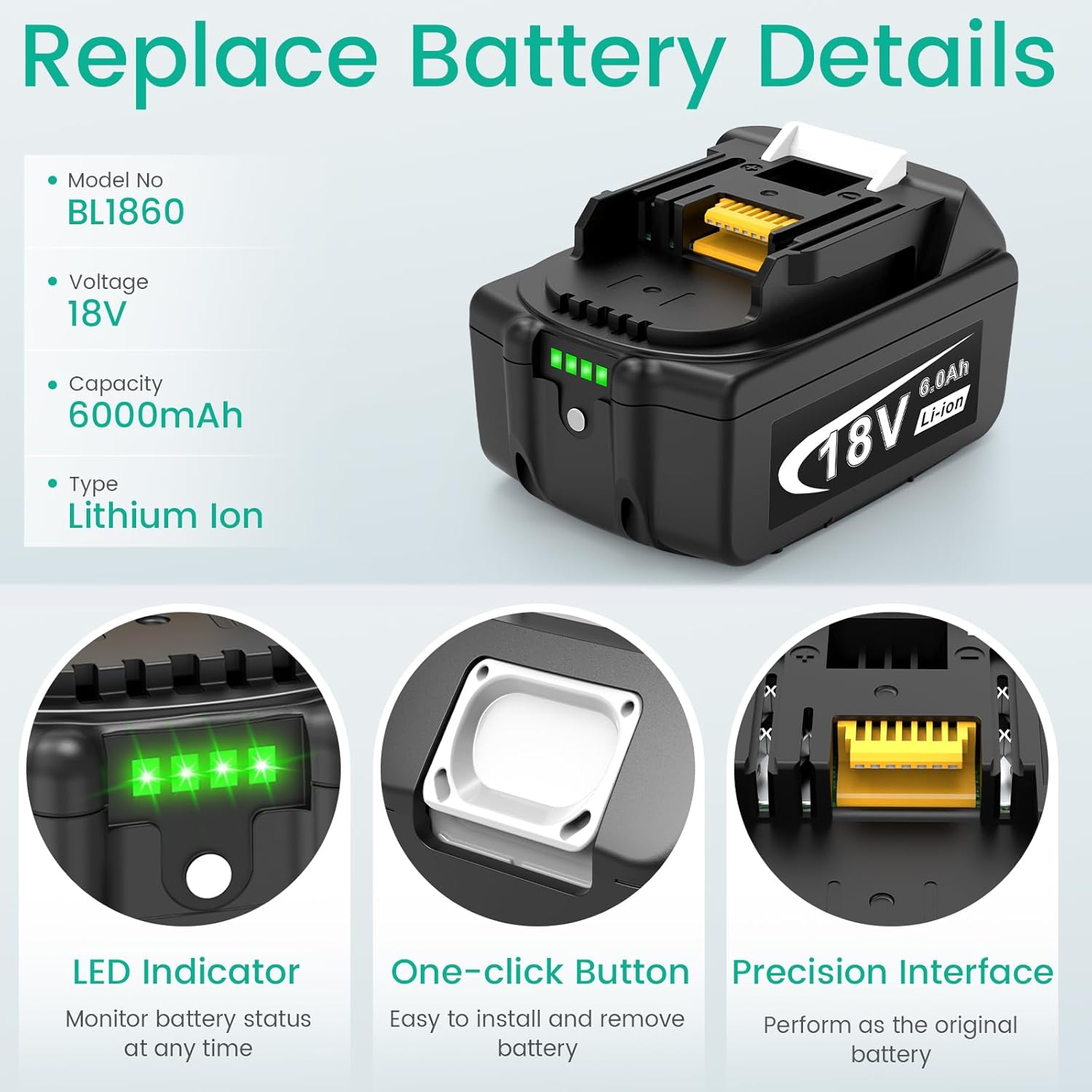 18V 6.0Ah Replace Long-Lasting Lithium Battery & Fast Charger for Makita 18V Battery & Tool, 18 Volt DC18RD Dual Ports Charger Compatible with Makita BL1860B BL1850B BL1840B BL1830B DC18RC - Image 2