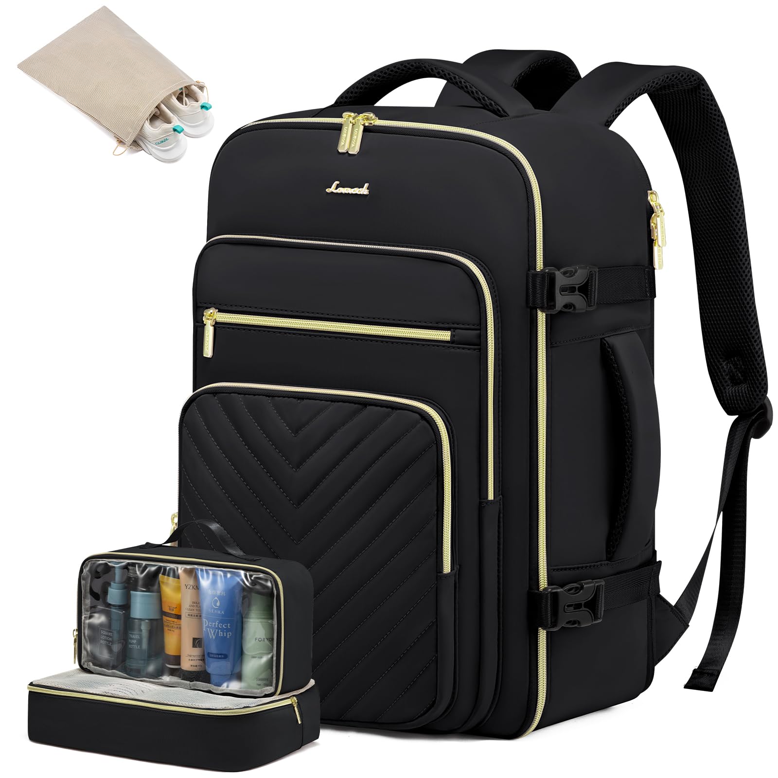 LOVEVOOK Handgepäck Rucksack Flugzeug, 50L Reiserucksack Damen Groß, Wasserdicht Laptop Rucksack Damen 18 Zoll mit Laptopfach, Travel Backpack Kofferrucksack Weekender Bag für Reise Business, Schwarz