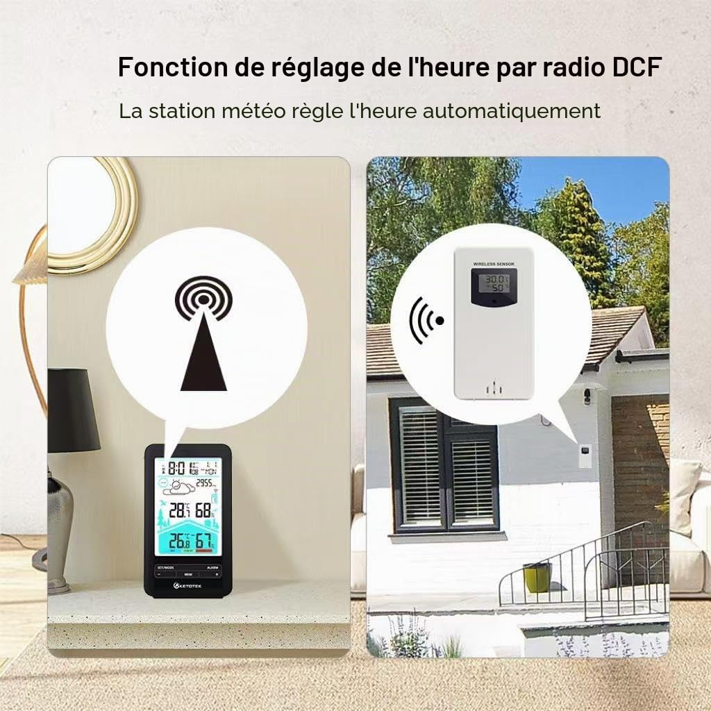 KETOTEK Station Meteo Sans Fil avec Capteu Interieur Exterieur Thermometre Hygromètre Barometre avec Prévisions Météo, Réveil, Affichage de l'heure