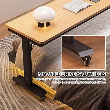 Adjustable height bed desk with wheels, Home overbed table for laptop, Mobile hospital rolling bed table, over the bed working table, bedroom overbed table.(Walnut+black,100cm)