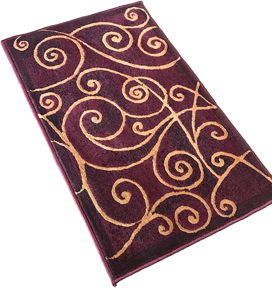 YHSF Modern Contemporary Area Rugs for Living Room, Bedroom, Office, Dining Room, Entryway – Washable, Easy to Clean, Soft Swirl Design, Modern Area Rug – 2x3.4 Feet, Burgundy