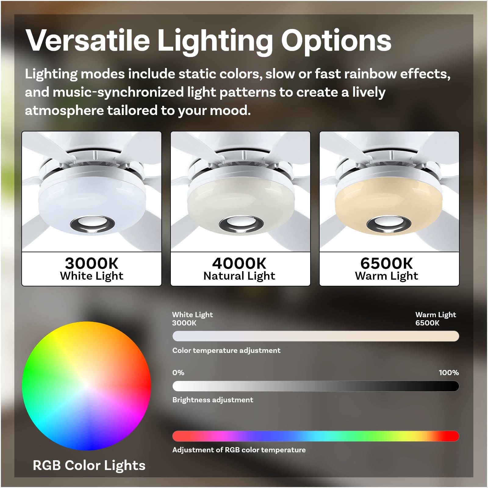 MMOBIEL Socket Fan Light with Remote LED Ceiling Fan Bulb with Bluetooth Speaker, Music Sync, 7 RGB Modes, 3000K6500K Dimmable, 3 Speeds, 2x6 Blades E27 Screw Base for Bedroom, Kitchen White - Image 3