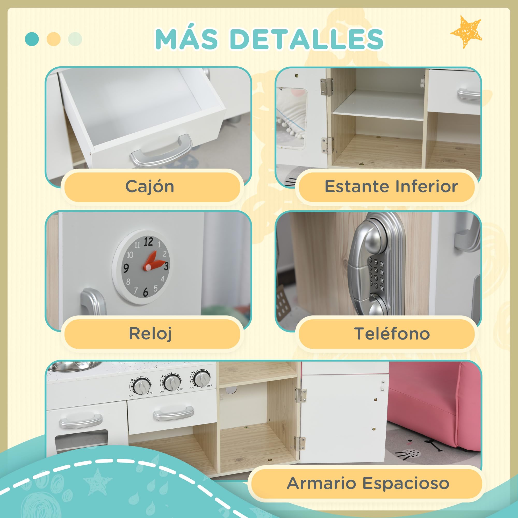 HOMCOM Cocina de Juguete de Madera con Fregadero, 74x30x81 cm Blanco | Cocina de Inducción y Microondas Simulados, Accesorios Incluidos, Cocina Infantil para +3 Años