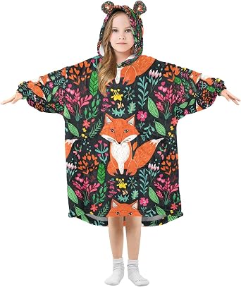 Fox Floral Wearable Blanket Hoodie for Kids, Warm Cozy Sherpa Blanket Sweatshirt With Pocket