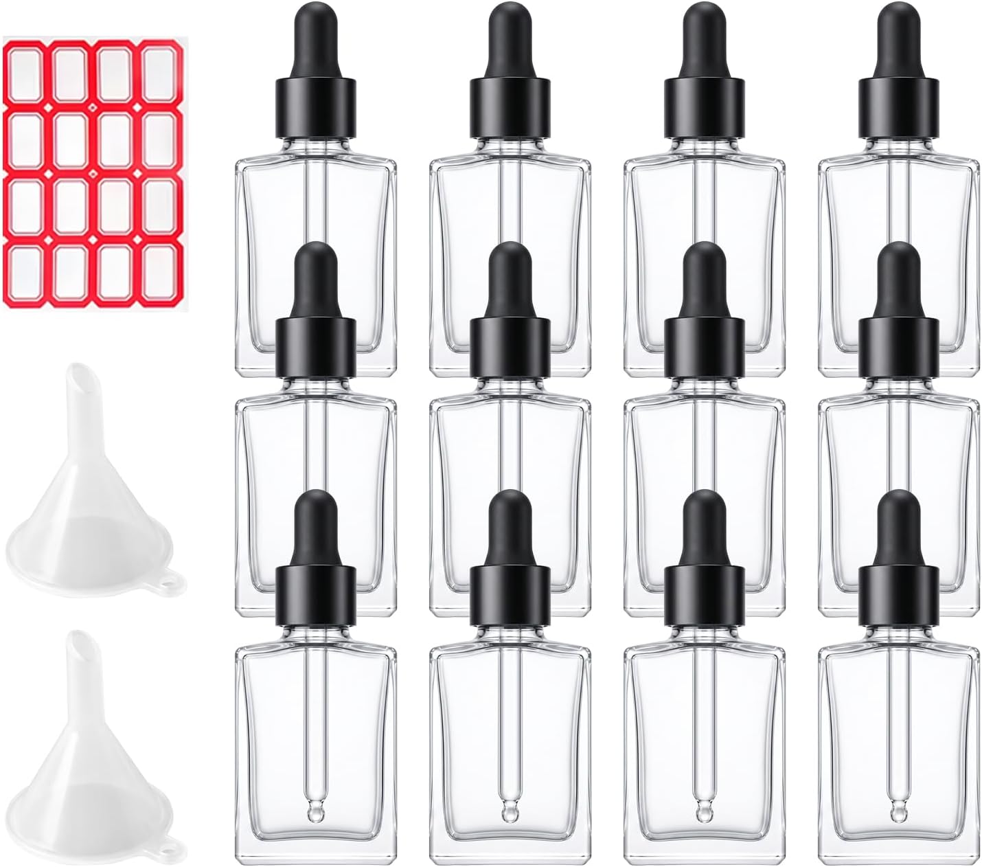 12pcs 30ml/1 oz Empty Clear Square Glass Dropper Bottle for Serum essence oil bottles container packing-2 funnels, 16 stickers Included