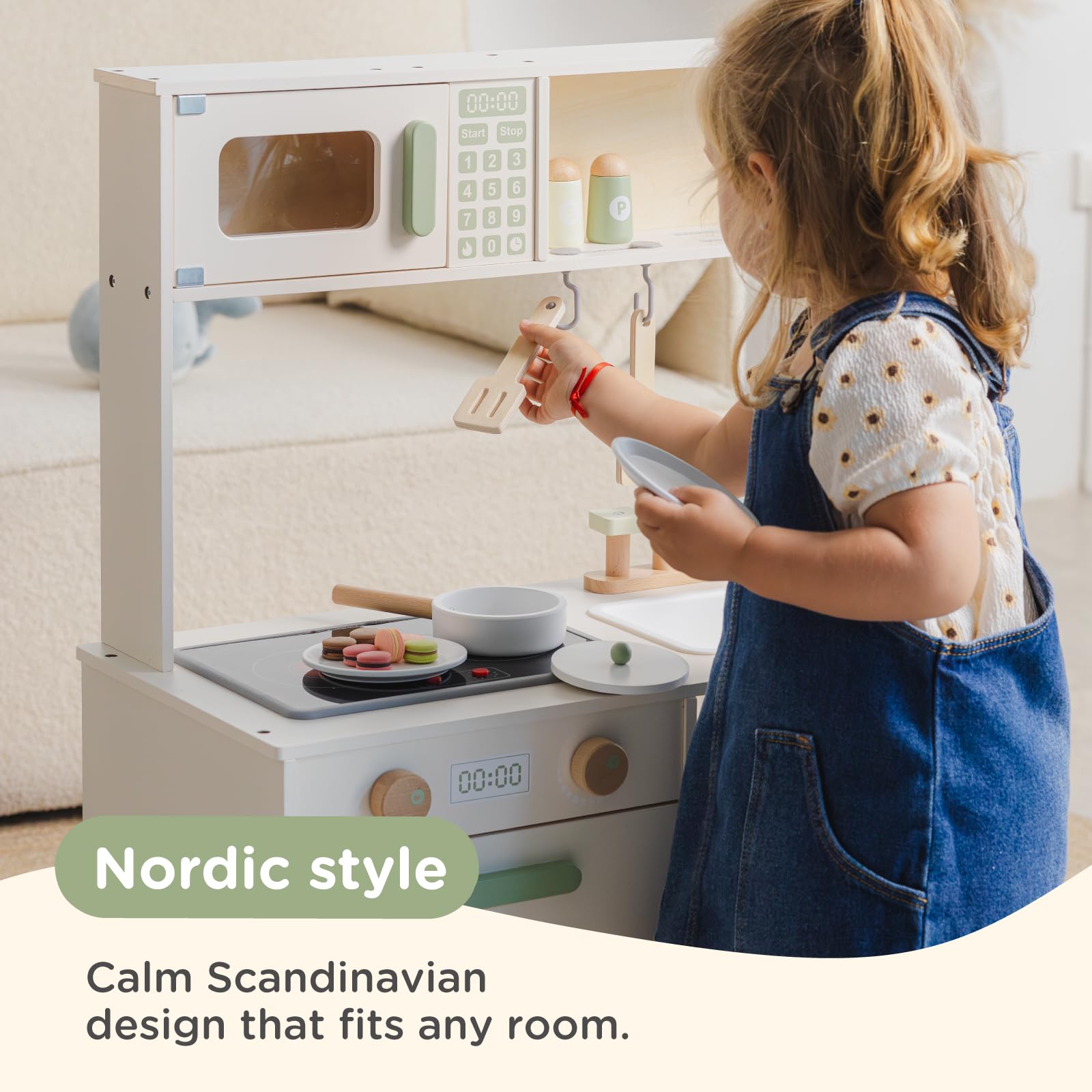 Nene Toys Drewniana Kuchnia dla Dzieci z Światłem i Dźwiękiem – Kuchenka, Zlew, Mikrofala, Piekarnik, Półki i Haczyki + Akcesoria – Montessori 3+ – Prezent dla Dziewczynek i Chłopców
