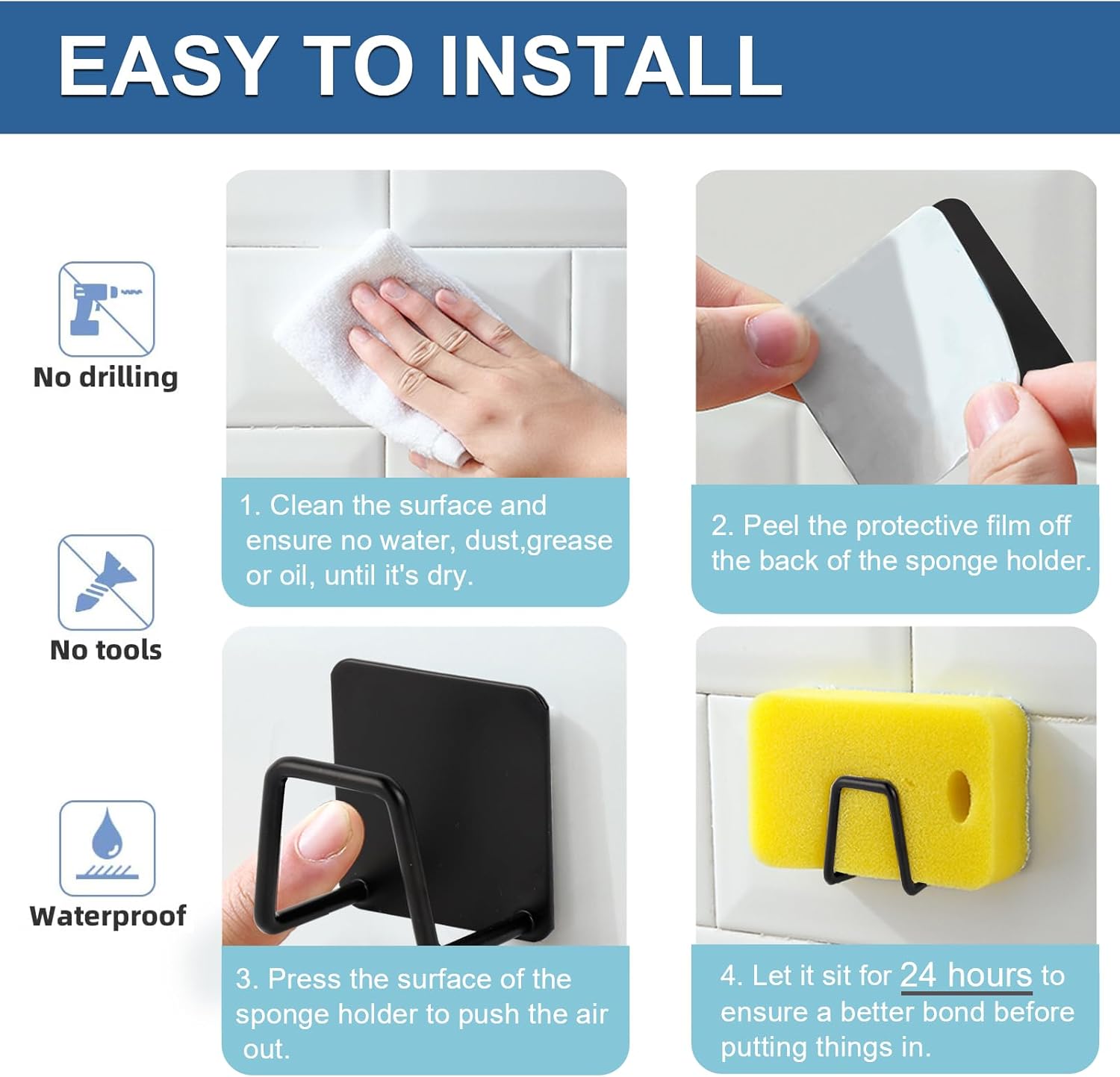 2Pcs Sponge Holder for Kitchen Sink, Strong Adhesive Sponge Holder for Sink Counter, Dish Sponge and Brush Organization Holder, Premium SUS304 Stainless Steel Rust Proof Waterproof-Black - Image 4