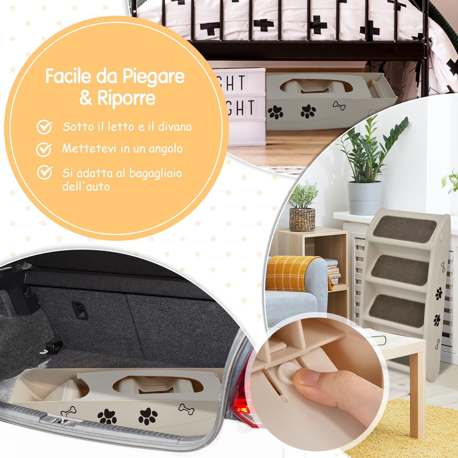 GYMAX Scaletta Pieghevole per Animali Domestici, Scaletta a 4 Gradini per Gatti e Cani in Plastica con Rivestimento Antiscivolo, Facile da Salire e Scendere, Carico di 60 kg, 62 x 38 x 50 cm (Beige)