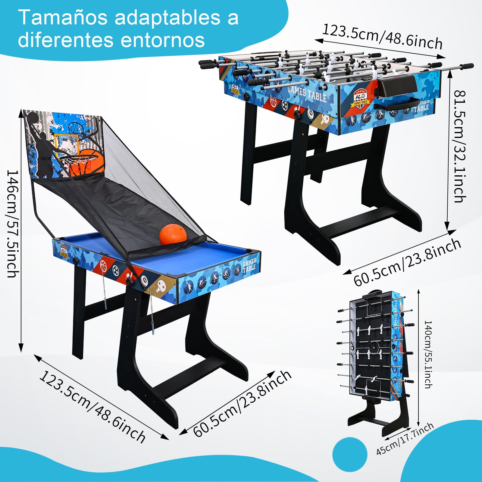 Juego de Mesa combinada 5 en 1 para niños Mesa de Ping Pong Mesa de Billar Fútbol Hockey Baloncesto para Navidad Familiar o Regalo de cumpleaños para niños (1,2 m de Longitud)