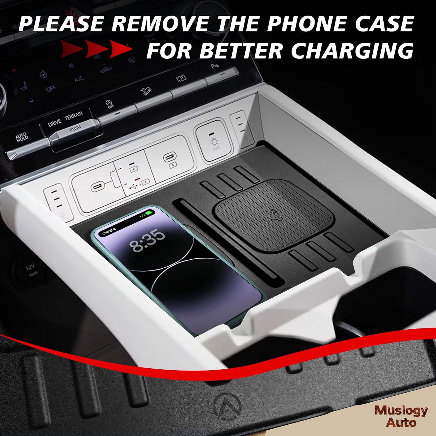 Muslogy Console Organizer Compatible with 2024 2025 2026 Hyundai Santa Fe Accessories Middle Console Storage Box Phone Pockets & Wireless Phone Charging Mat & Cup Holder Inserts Drink Holder