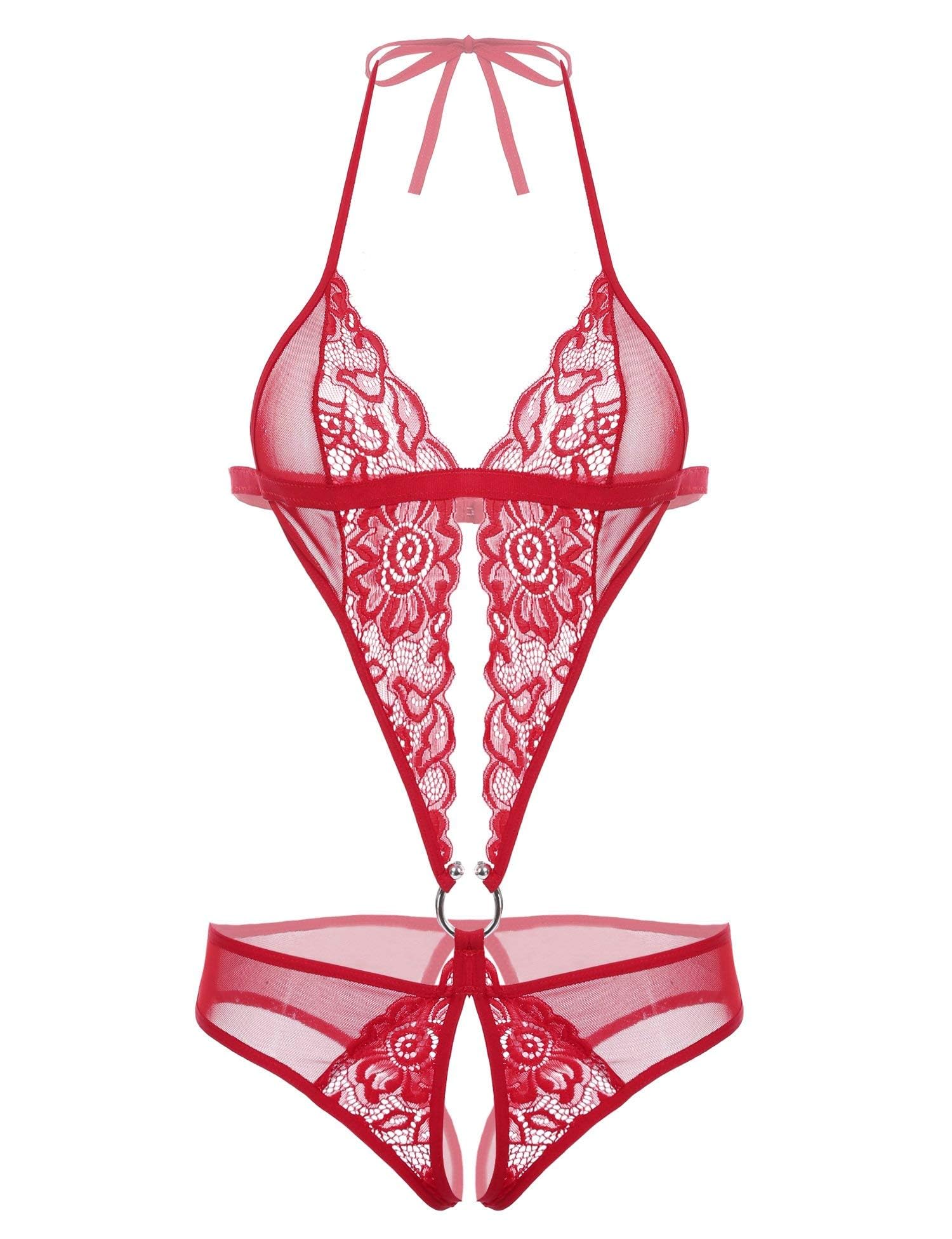 ssoshhub Women Deep V Lingerie Lace Teddy One Piece Babydoll Mini Bodysuit Sleepwear Swimwear Honeymoon Wedding Night Valentine Gift (Dark Pink)-picture-8