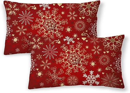 Fundas de almohada de Navidad de 12 x 20 pulgadas, almohadas de copos de nieve dorados y rojos de Navidad para sofá, fundas de cojín decorativas