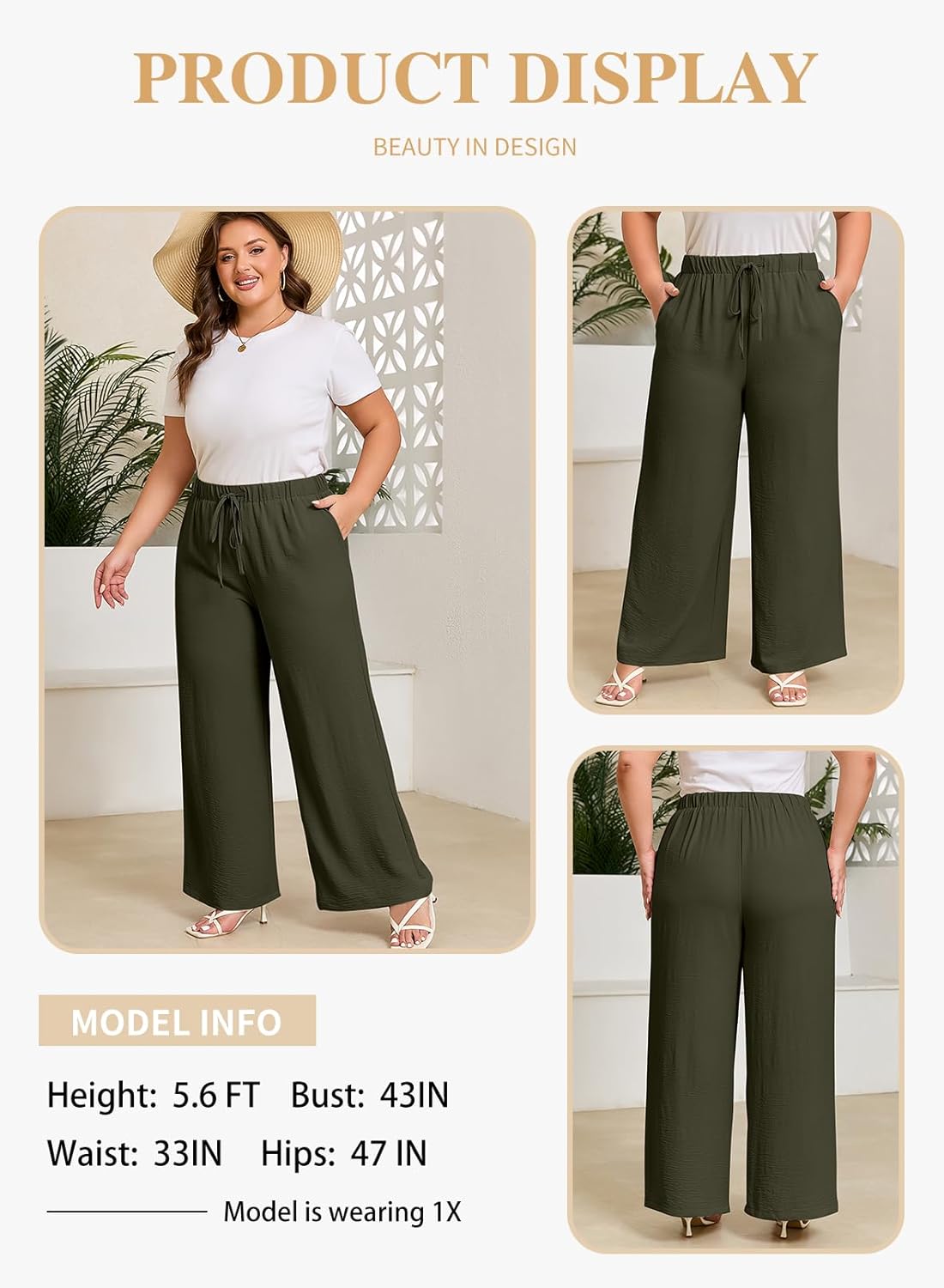 Eytino Womens Plus Size Pants Summer Elastic High Waist Drawstring Casual Loose Wide Leg Trousers Pants with Pockets(1X-5X)