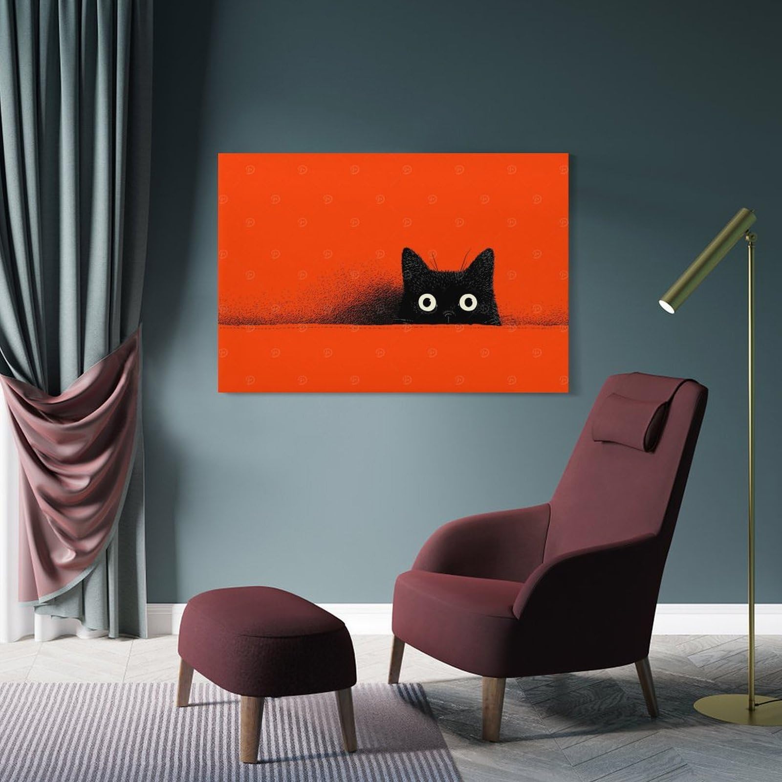 Junmoney Frame-Style-5 Canvas Wall Decor Peeking Black Cat On Orange Background, 20X30inch(50X75cm), For Bedroom, Guest Room Or Reading Nook, Decorative Wall Art For Cosy Rooms