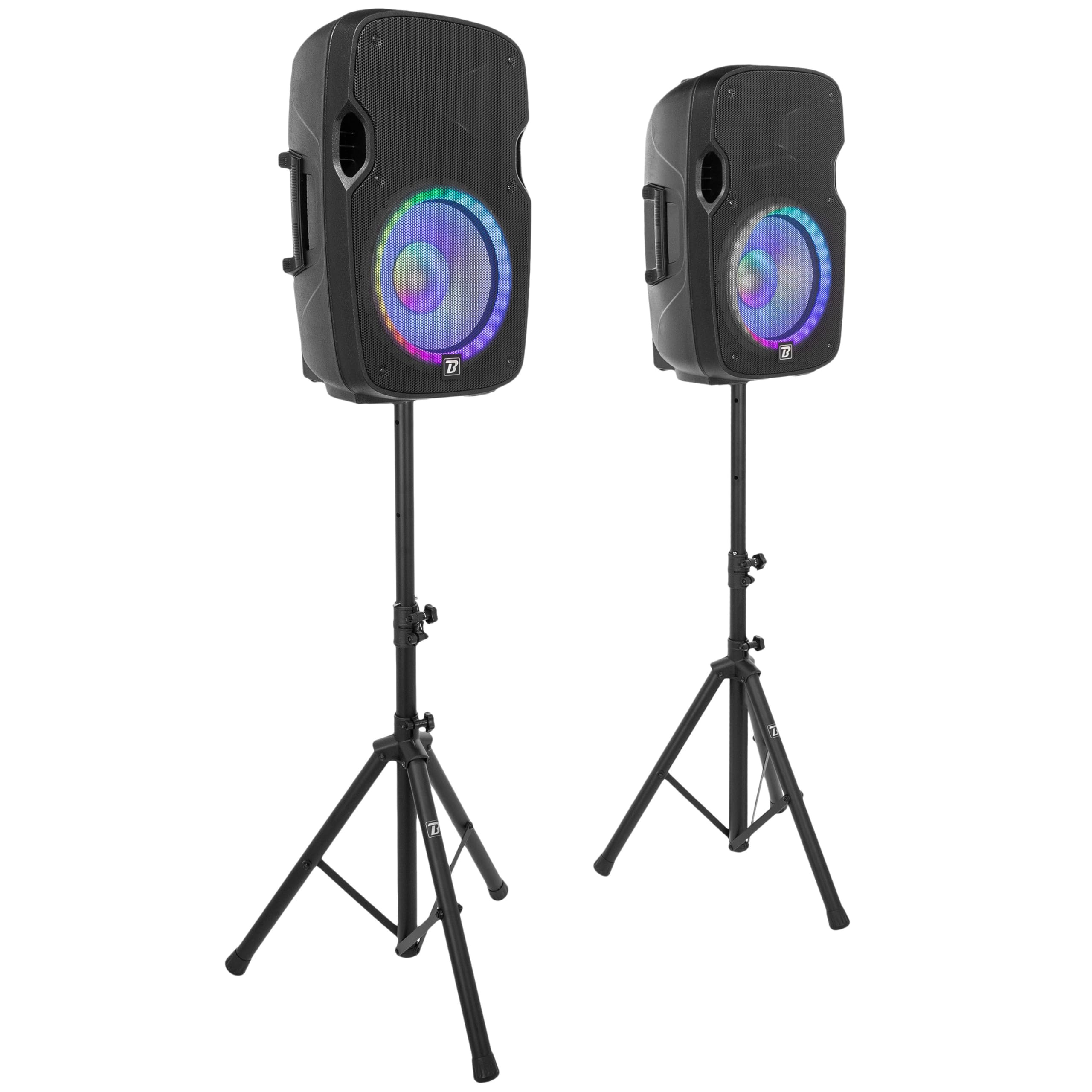 BoomToneDJ PS212A Zestaw LED - zestaw 2 głośników 12'', statyw, mikrofon, USB/SD, Bluetooth, radio FM i LED, na imprezy, wesela, szkoły i stowarzyszenia
