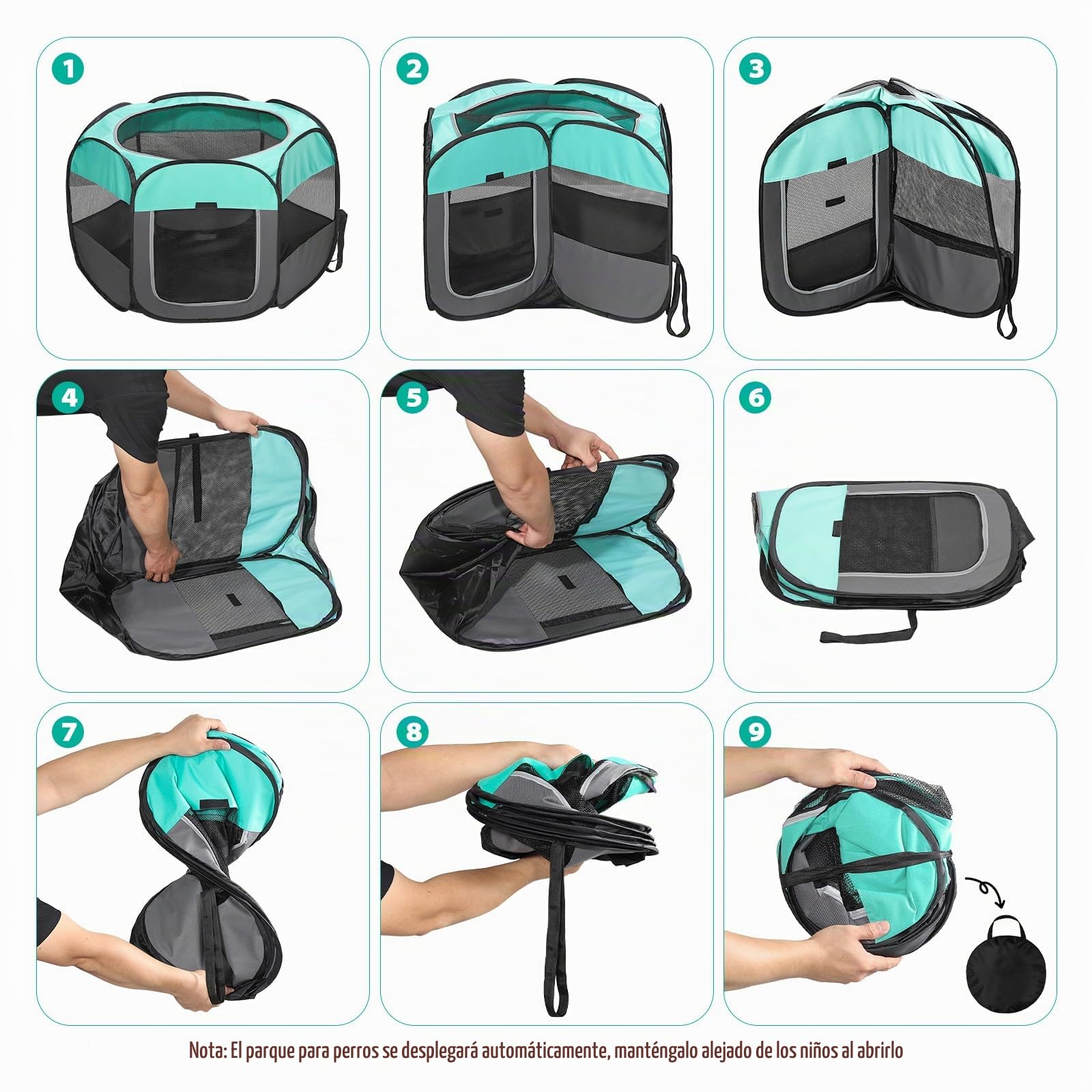 Parque para Perros, Jaula para Perro Plegable, Corralito para Perros Gatos Cachorros Animales Pequeños Interior Exterior, Tela Oxford con Bolsa Viajes (Verde, L(110x110x60cm), 6)
