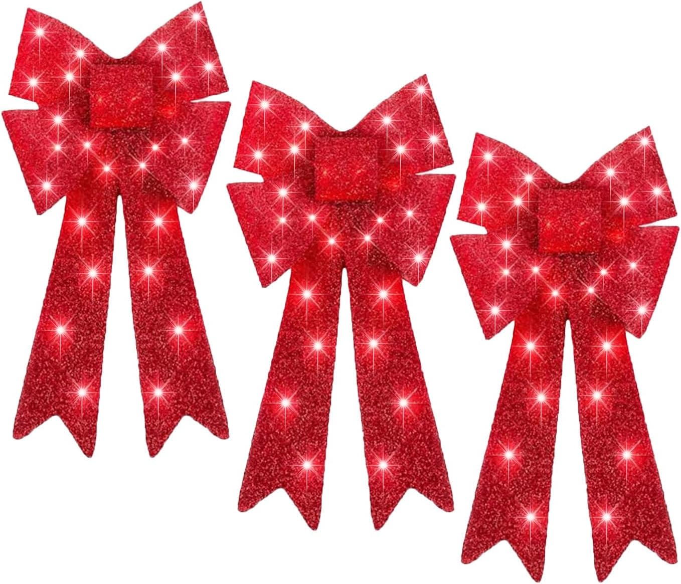 Christmas Lighted Bows Decoration, 24 Inch Pre-Lit Red Bow Ornaments Holiday Party Decor for Home Indoor Outdoor Yard Garden Patio Front Door Stair Wreath Garland, 30 LED Lights, Set of 3
