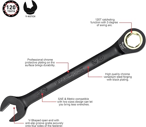 Miniatura 6 de STARWORK TRUE MECHANIC 7Pc. Juego de llaves de trinquete métricas SAE 120T, profesional, con bolsa enrollable