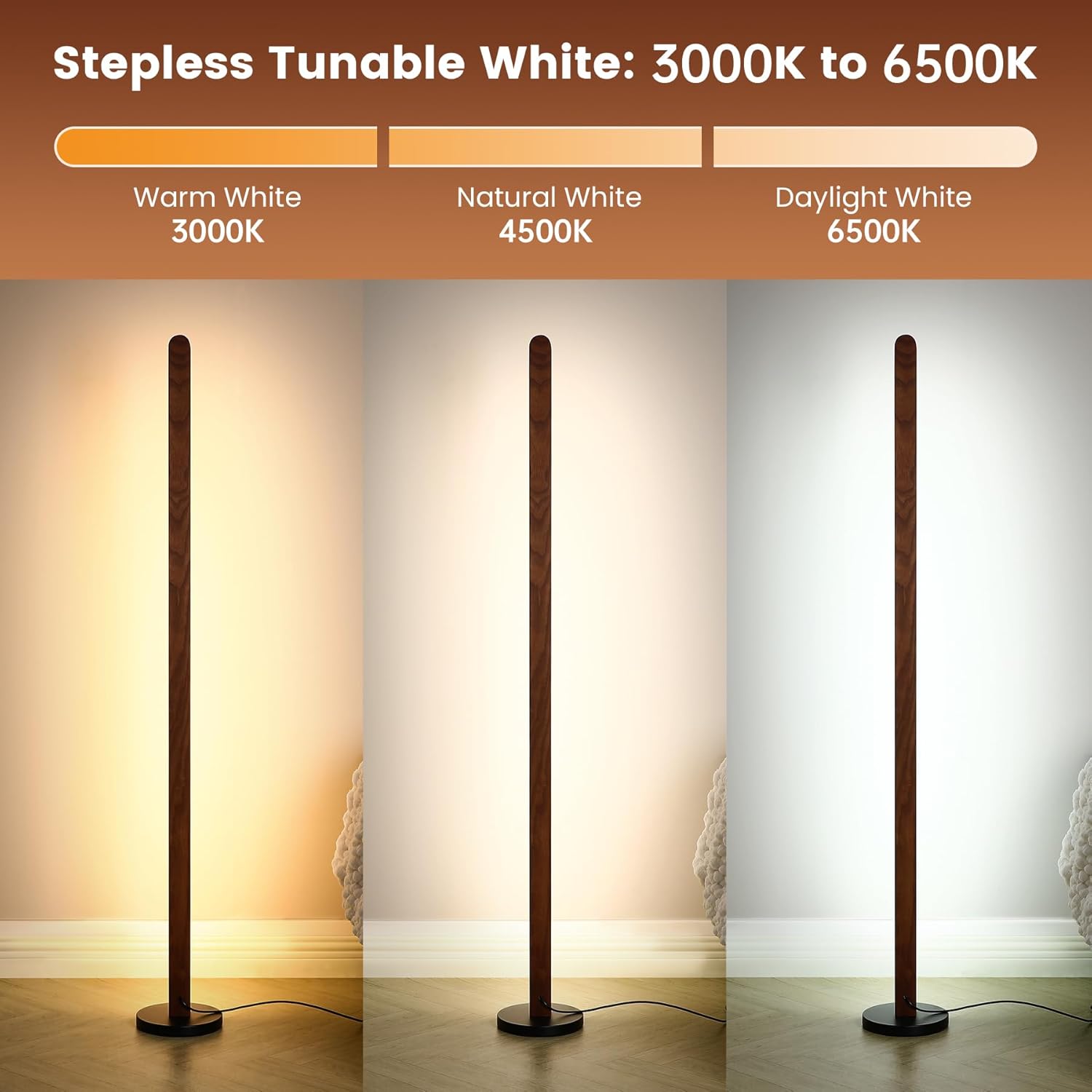 Handcrafted Solid Wood Floor Lamp, Modern Dimmable Corner LED Standing Light with Remote & Foot Switch, Adjustable Warm & Cool Light, 55.12" Tall, Minimalist for Living Room, Bedroom, Office