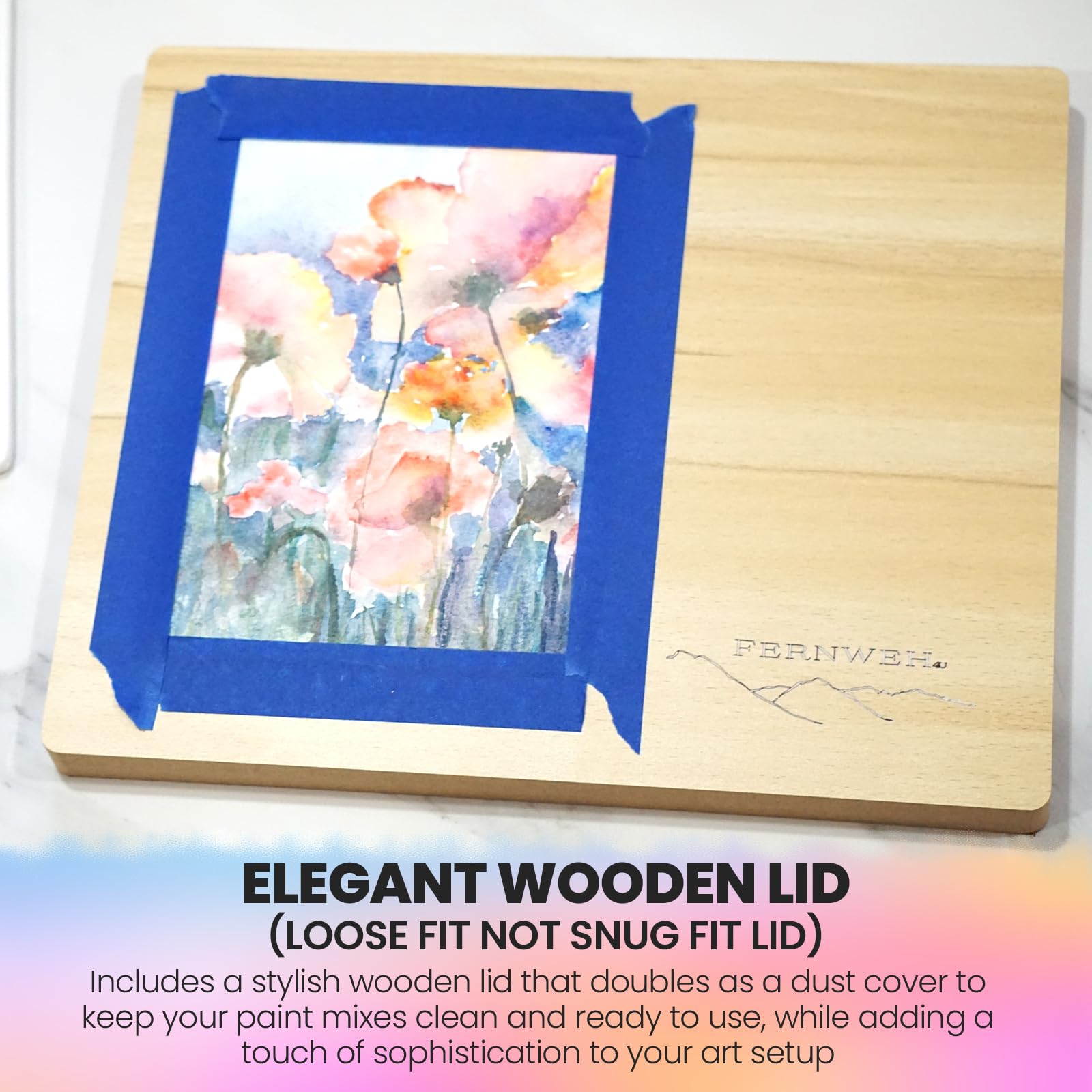 Paleta de Pintura de Acuarela de cerámica con Tapa de Madera, Bandeja de Mezcla de Porcelana de 12 x 10 Pulgadas con 22 pozos y 6 pozos Grandes, Paleta Profesional para Gouache, acrílicos y más