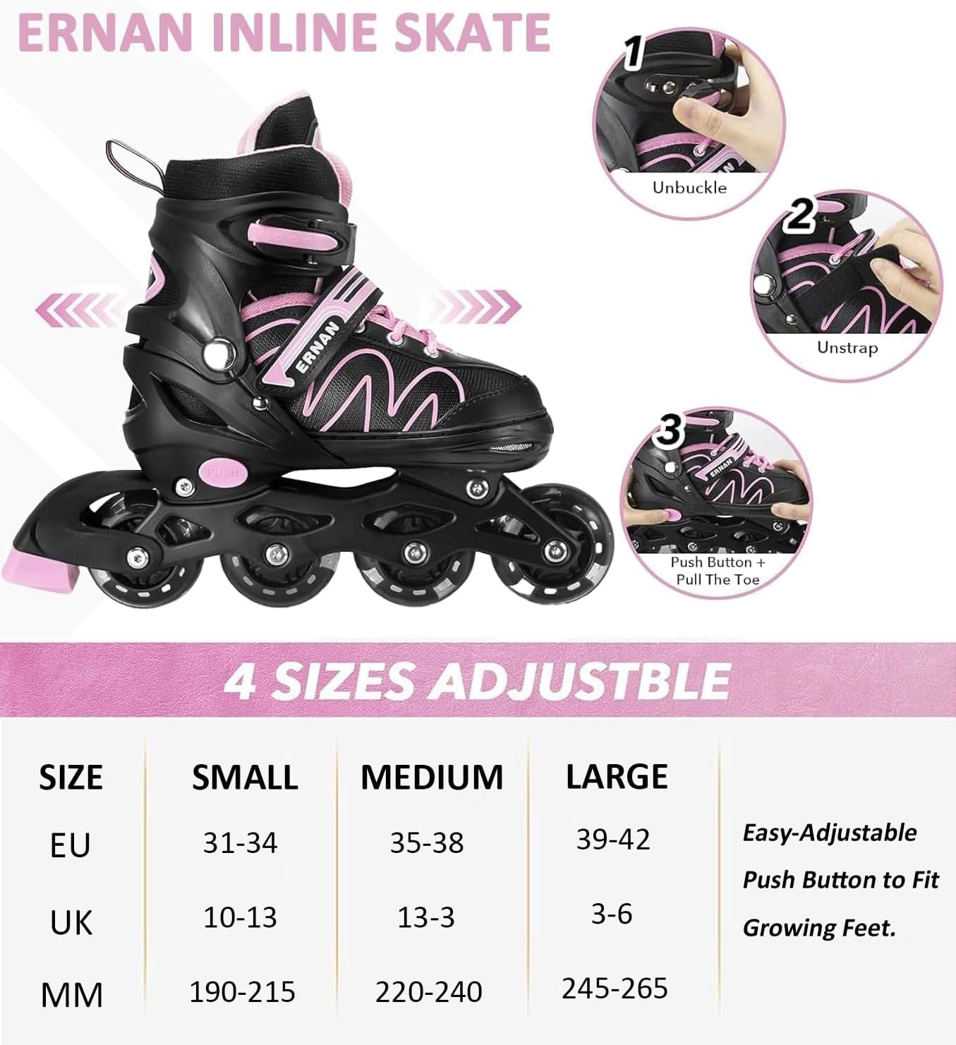 ERNAN Pattini in linea regolabili per bambini,Pattini in linea, pattini in linea per bambini con ruote illuminate, Per ragazze e ragazzi, per uso interno ed esterno
