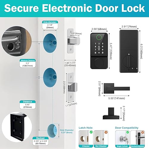 Miniatura 7 de Juego de cerradura inteligente para puerta, entrada sin llave, pantalla táctil, teclado APP, tarjeta IC, desbloqueo de carga tipo C con 2 asas,
