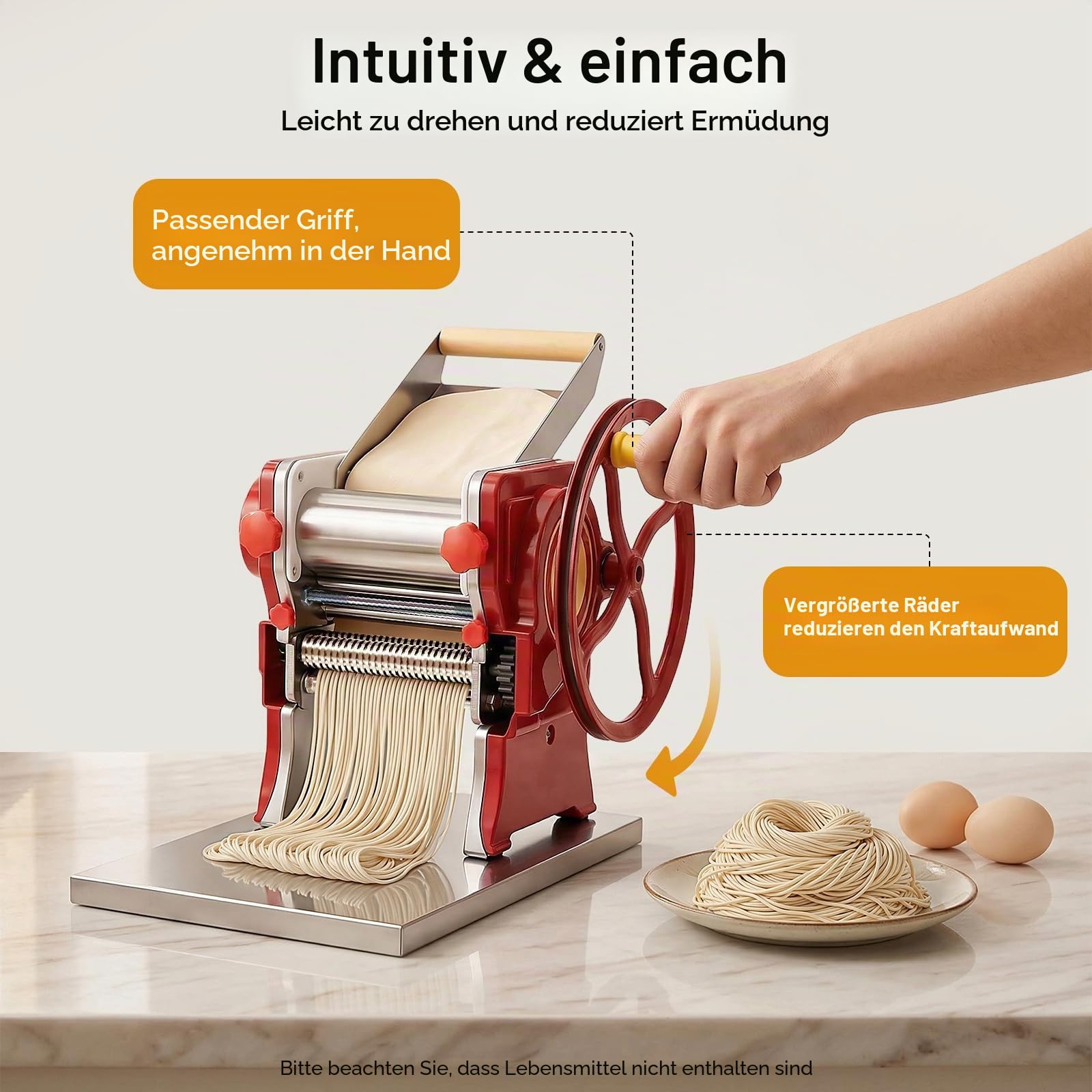 Nudelmaschine Edelstahl Rot, Manuelle Pasta Maschine mit Einstellbarer Teigdicke 0,5–5mm, Teigwarenreiber & Teigroller, für Küche Haushalt, Geeignet für 5–10 Personen
