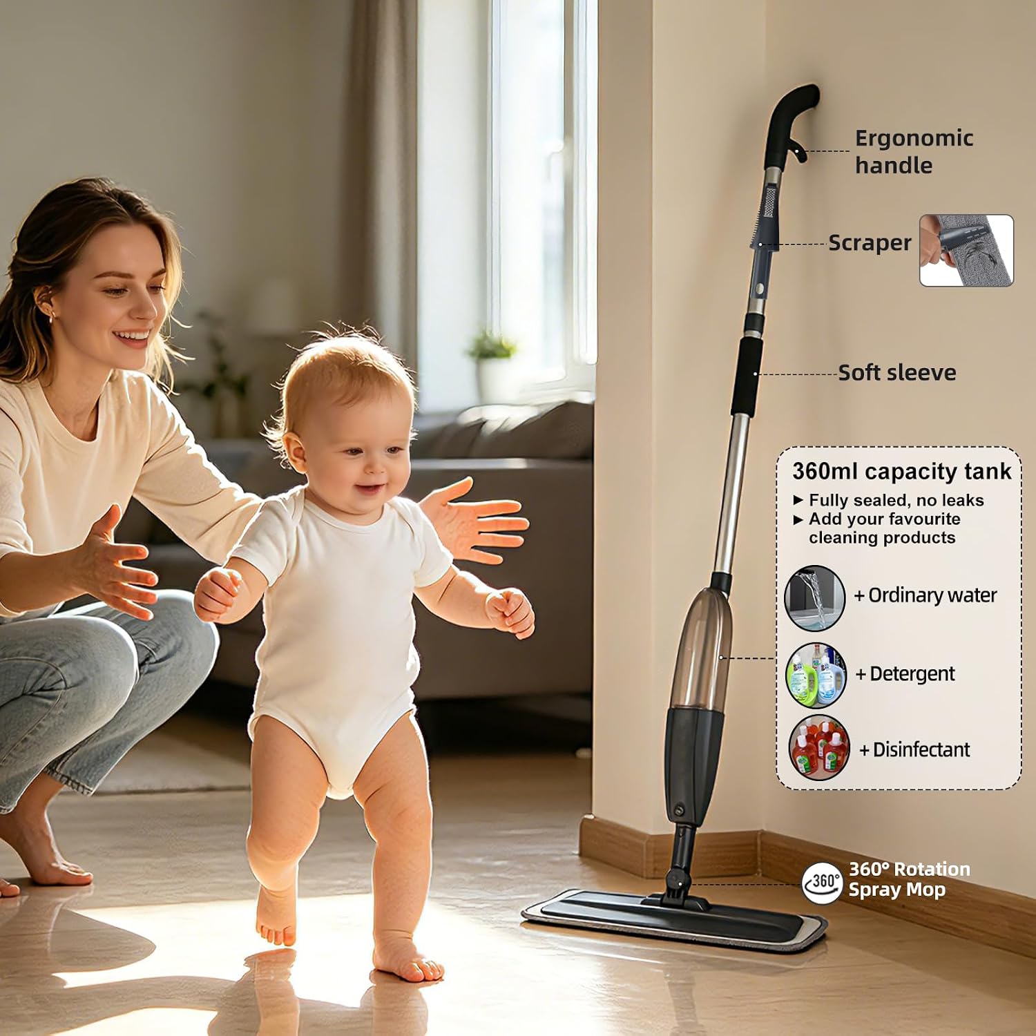 Spray Mop for Floor Cleaning with 360° Rotation - Multi-Surface Floor Cleaner for Wet/Dry Mopping Lightweight Handle for Kitchen Bathroom Hardwood&Tile Floors