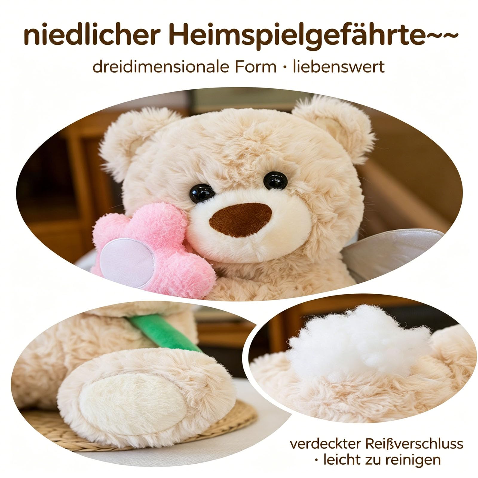 Teddybär Kuscheltier, Plüschbär mit Blumen und Engelsflügeln, Teddy Bear Plüschtier, Geschenke für Freundin Kinder Geburtstag, Valentinstag (Beige,60cm)