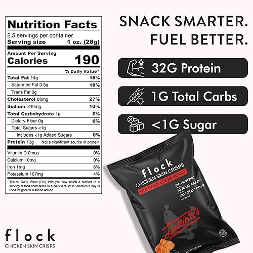Vista 14 de Chips Flock keto de piel de pollo, 100% pollo real, bajo en carbohidratos, alto contenido en proteínas, sin azúcar, sin gluten, porción individual