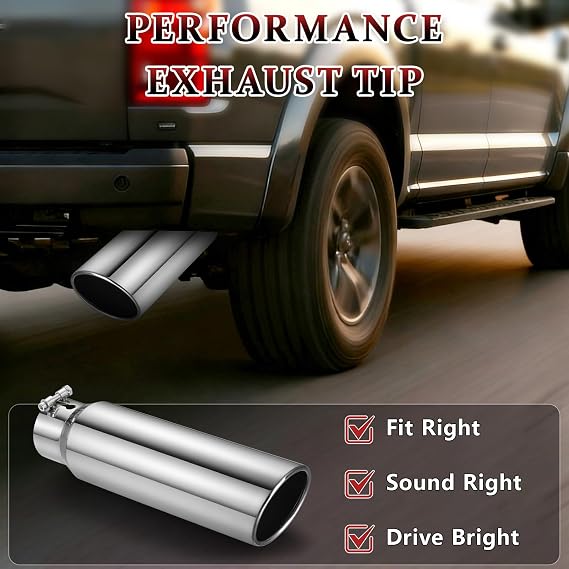 Exhaust Tip 3 Inlet 4 Outlet 15 Long, High Performance Stainless Steel, Rustproof Polished Finish, Rolled Angle Cut, Bolt-On Diesel Tail Pipe, Universal for Car Truck