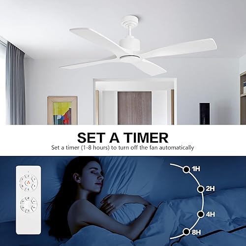 Miniatura 6 de WINGBO - Ventilador de techo DC de 48 pulgadas sin luces, 4 aspas de madera maciza talladas, motor DC reversible silencioso de 6 velocidades,