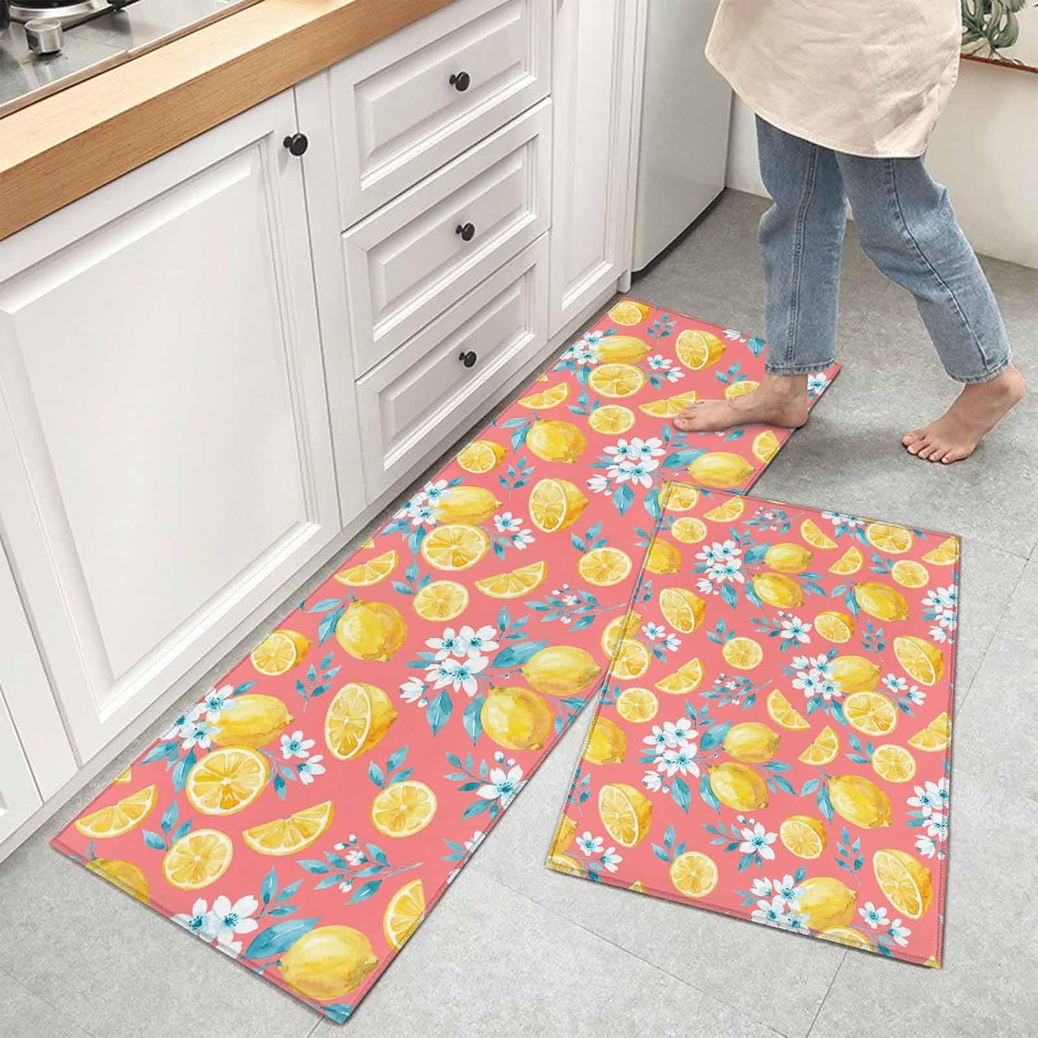 Kitchen Mats for Floor Summer Yellow Lemon Flower Blue Leaves Washable Non Slip Kitchen Rugs 2PCS, Watercolor Plants Absorbent Standing Mats for Sink Office Living Room 15.7x23.6in+15.7x47.2in