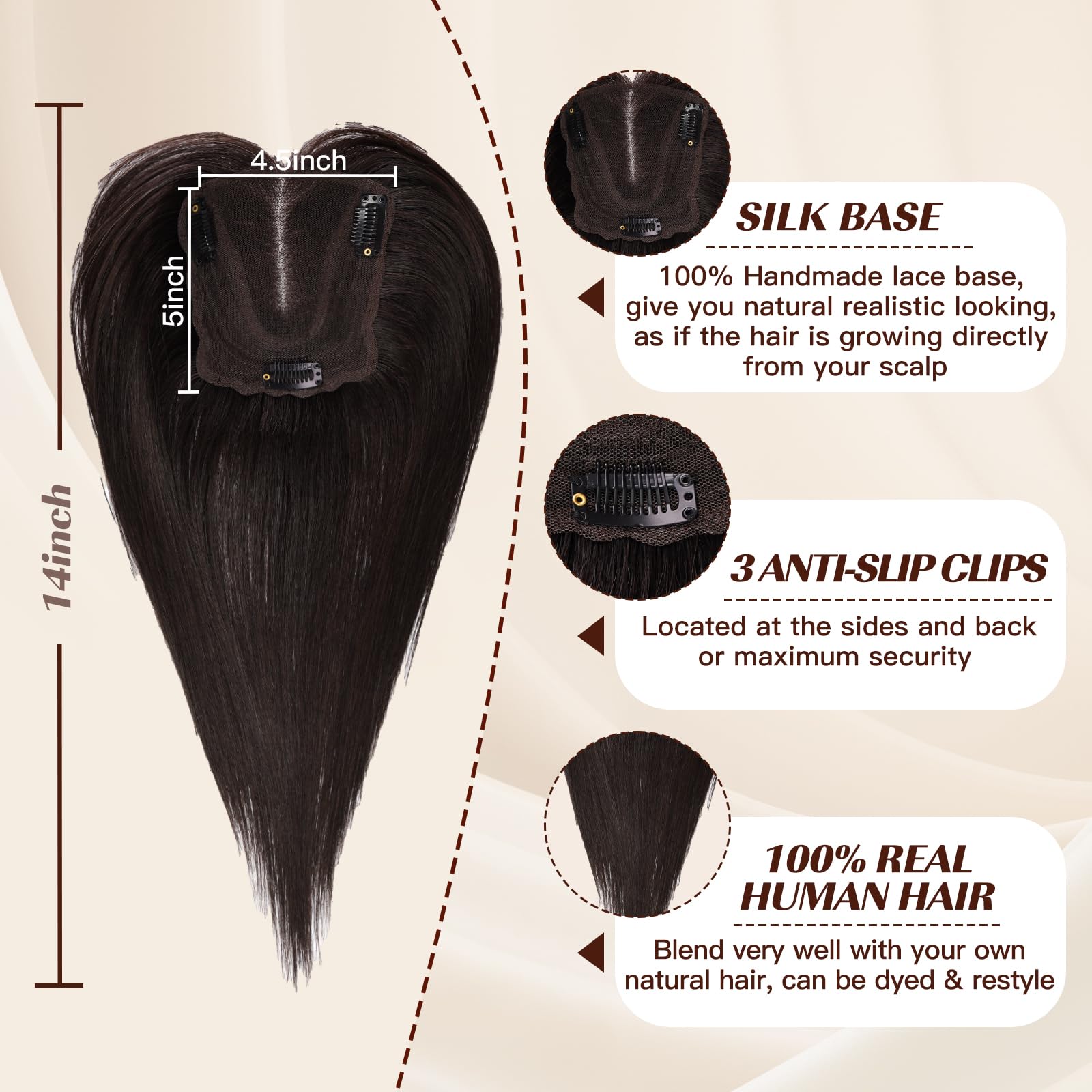 Handmade Lace Base Hair Topper for Thinning Hair, 14 Inch, 3 Clips Vasilia Human Hair Toppers for Women 10inch Hair Toppers  main image 4