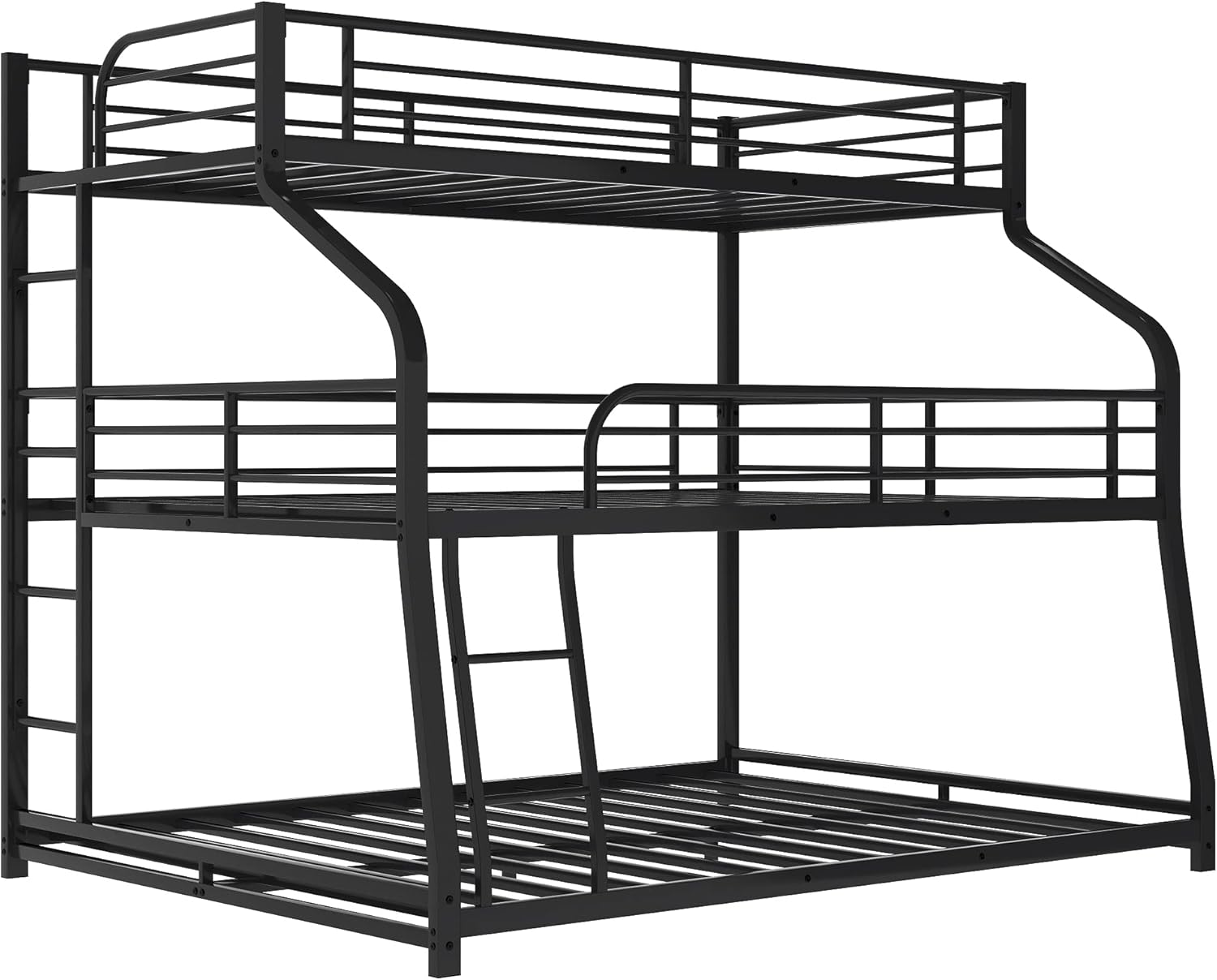 Twin XL Over Full Over Queen Triple Bed, Metal 3 Bunk Beds Frame with Full-Length Guardrails, Two Ladder for Kids Teens(Black)